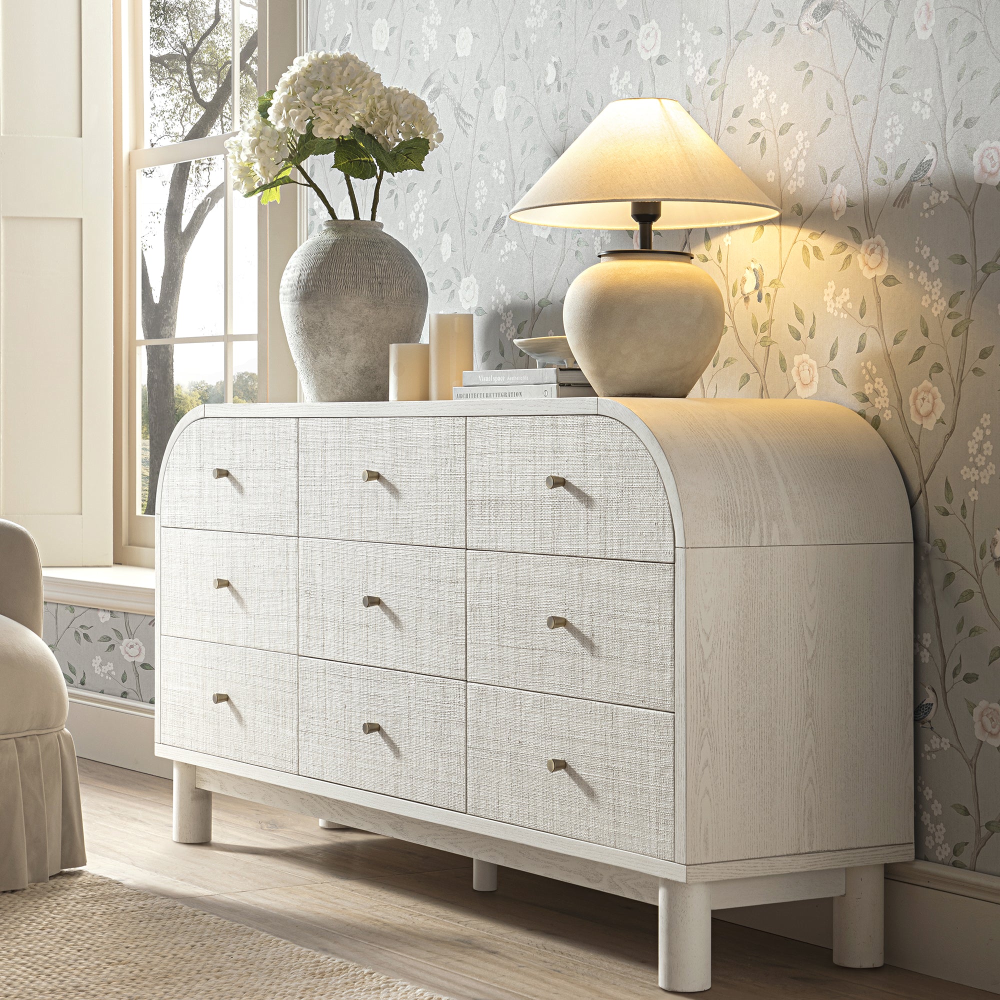 Maude 9 Drawer Chest, Washed White Ash with Raffia - Image 3