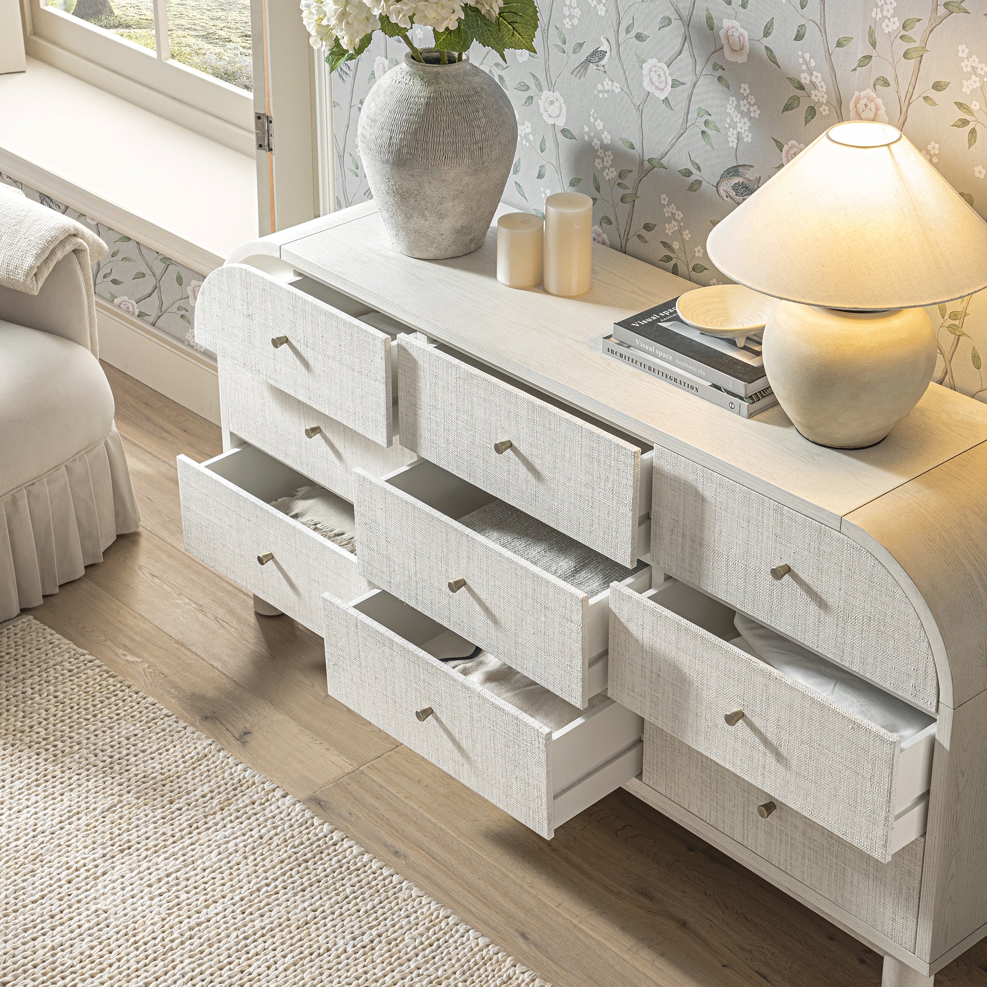 Maude 9 Drawer Chest, Washed White Ash with Raffia - Image 5