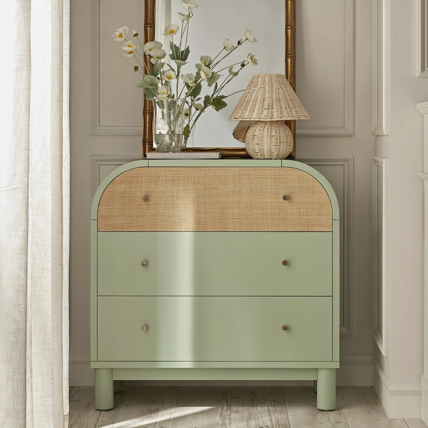 Maude Chest of 3 Drawers, Muted Pistachio Ash with Raffia - Image 2