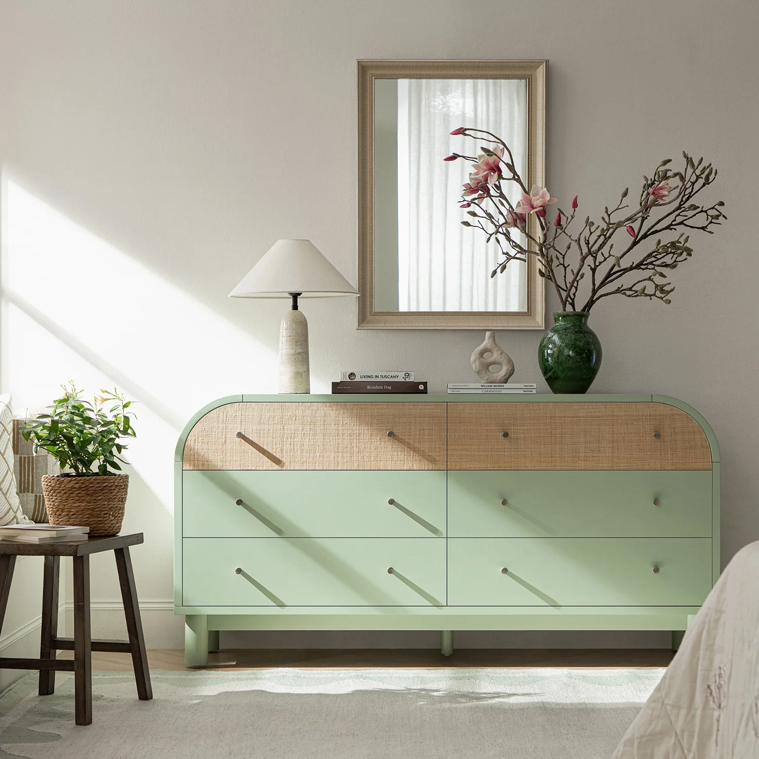 Maude Chest of 6 Drawers, Muted Pistachio Ash with Raffia - Image 2