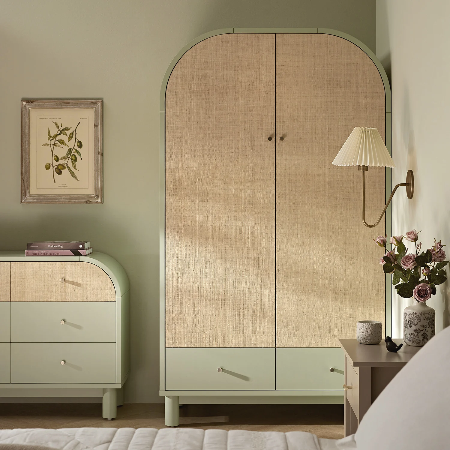 Maude Double Wardrobe, Muted Pistachio Ash with Raffia - Image 2