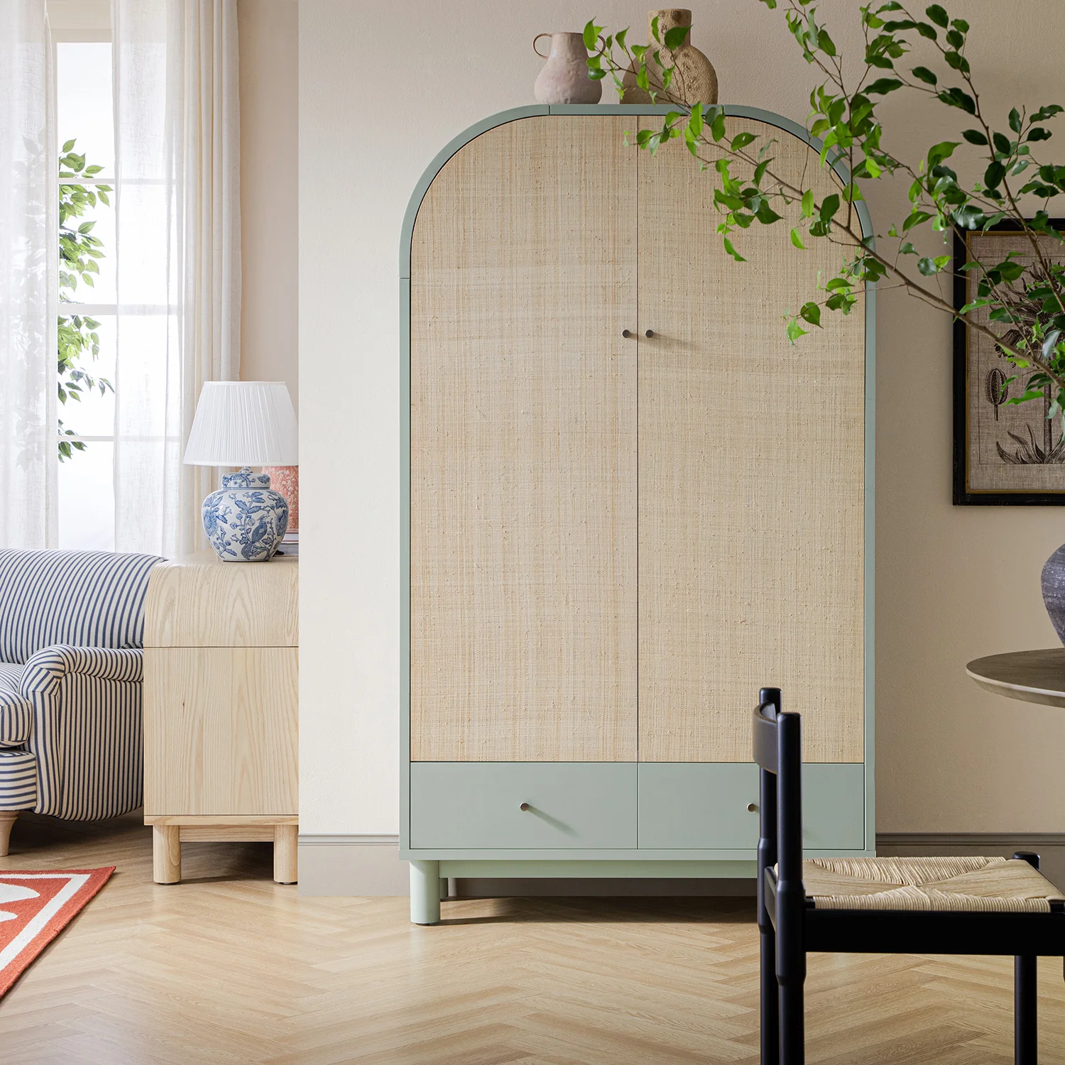 Maude Large Storage Cabinet, Muted Pistachio Ash with Raffia - Image 2