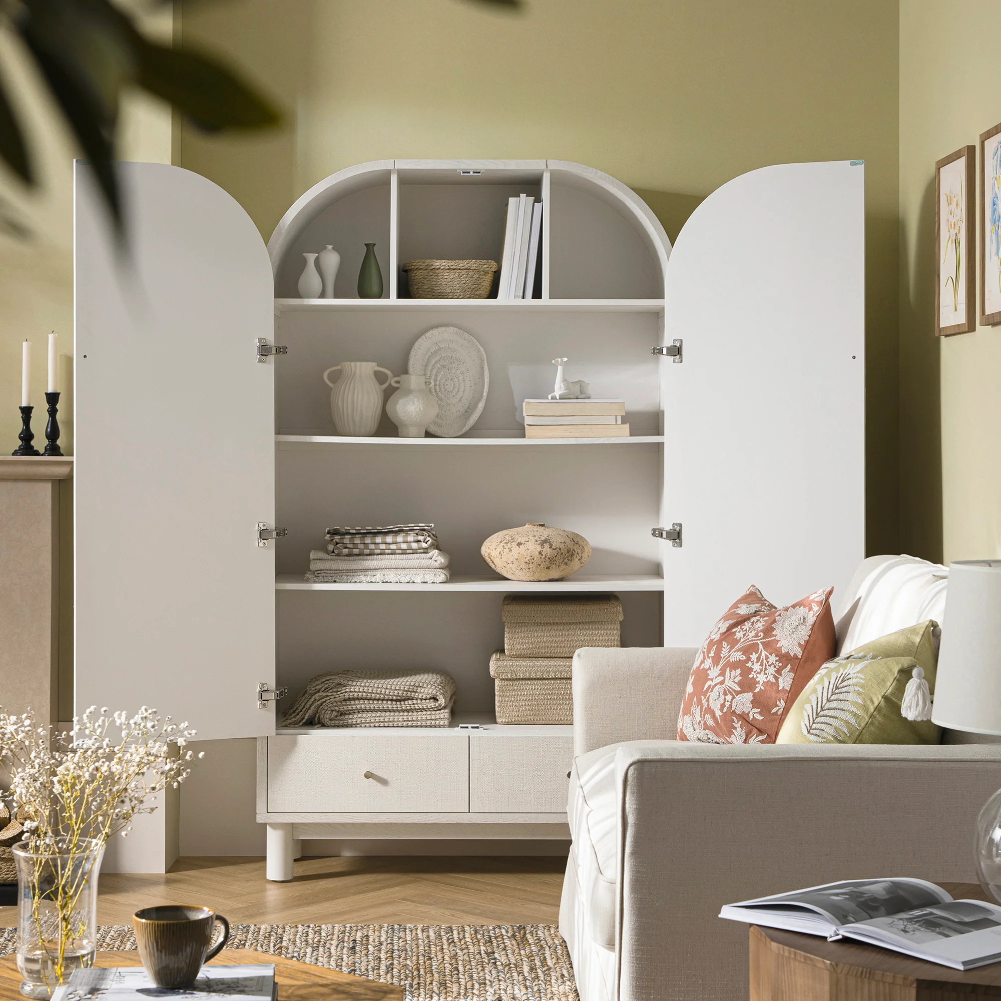 Maude Large Storage Cabinet, Washed White Ash with Raffia - Image 3