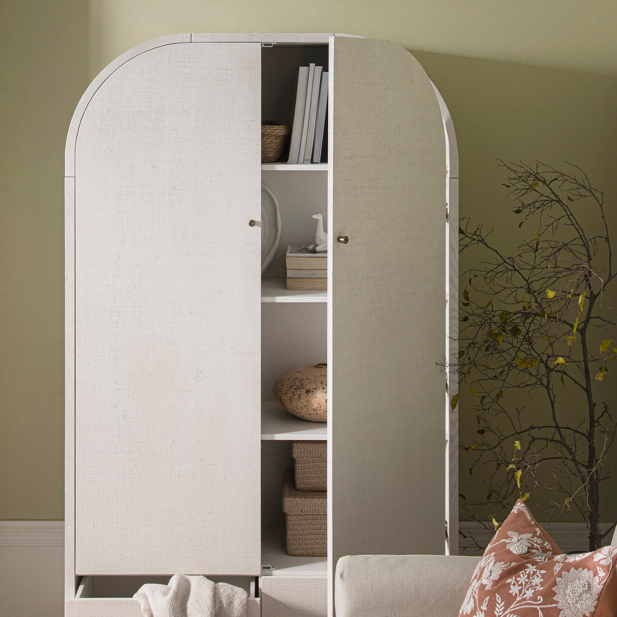 Maude Large Storage Cabinet, Washed White Ash with Raffia - Image 4