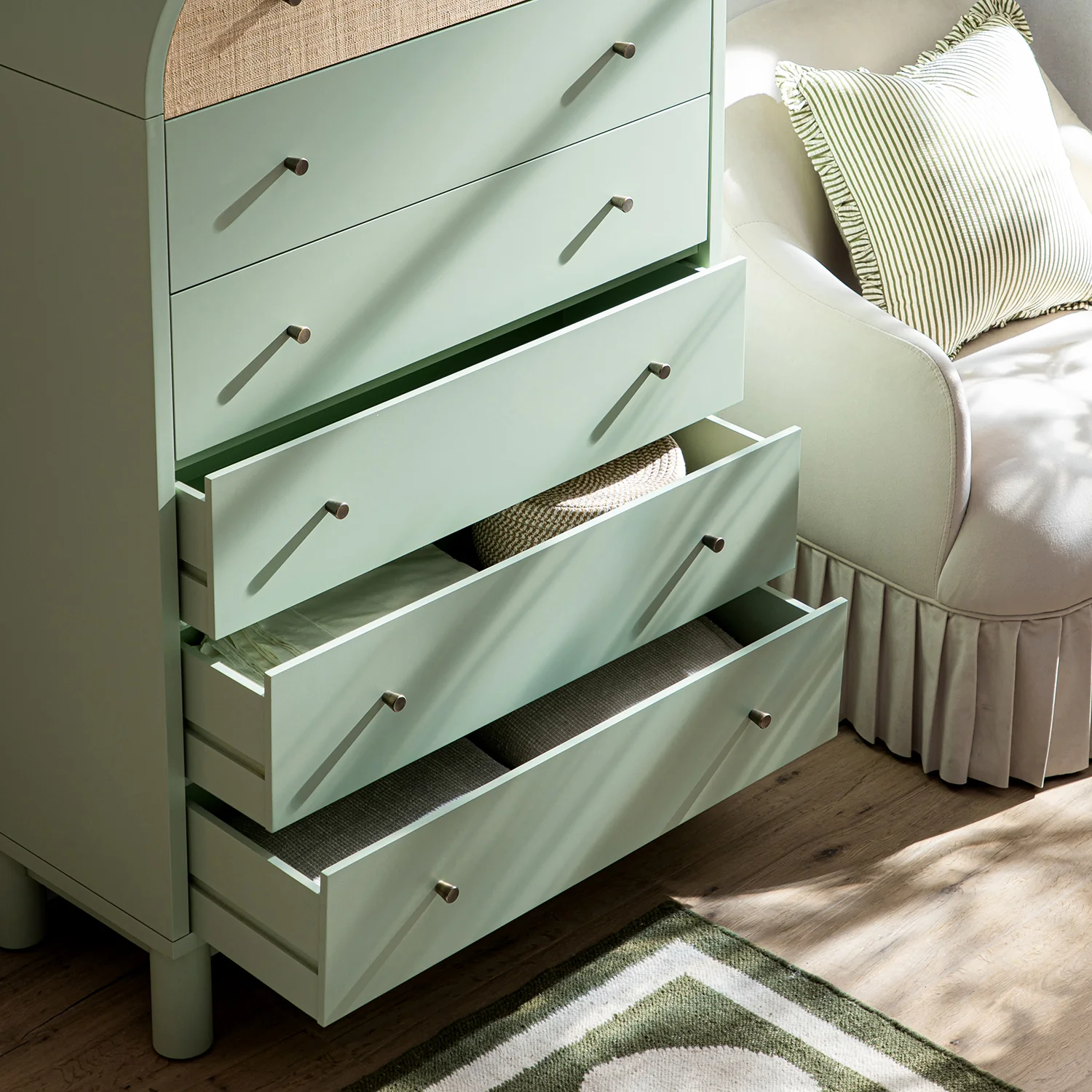 Maude Tall Chest, Muted Pistachio Ash with Raffia - Image 3