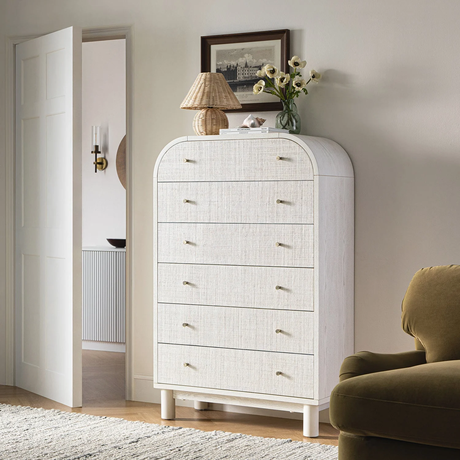 Maude Tall Chest, Washed White Ash with Raffia - Image 2