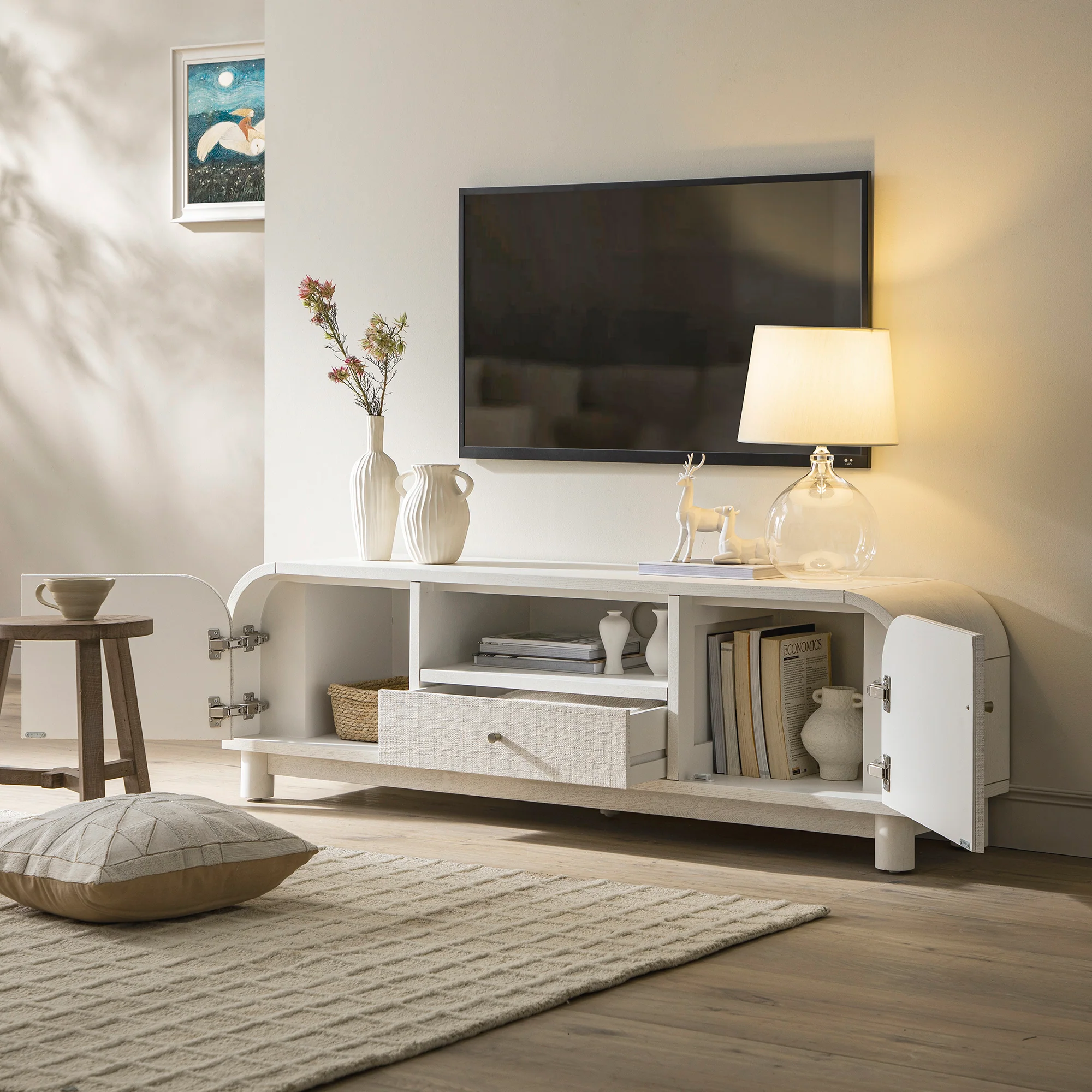 Maude TV Unit, Washed White Ash with Raffia - Image 3