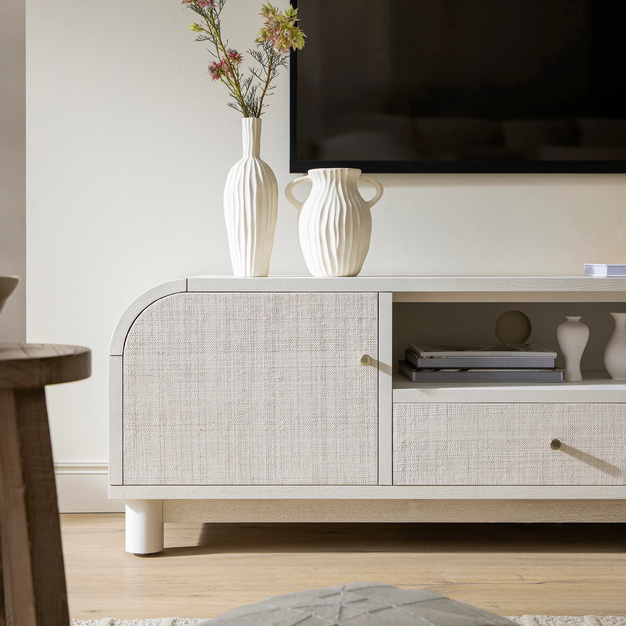 Maude TV Unit, Washed White Ash with Raffia - Image 5