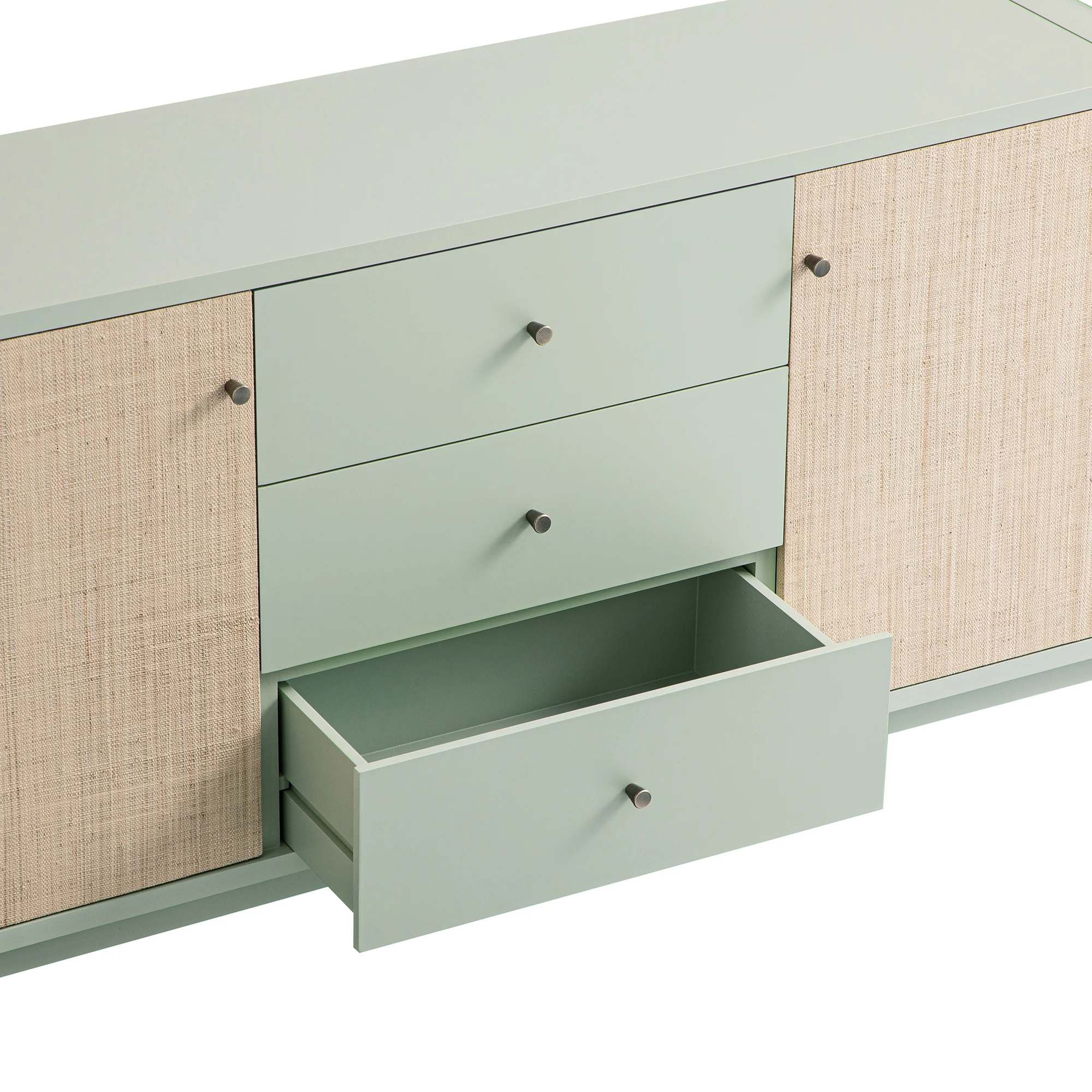 Maude Wide 3-Drawer Sideboard, Muted Pistachio Ash with Raffia - Image 9