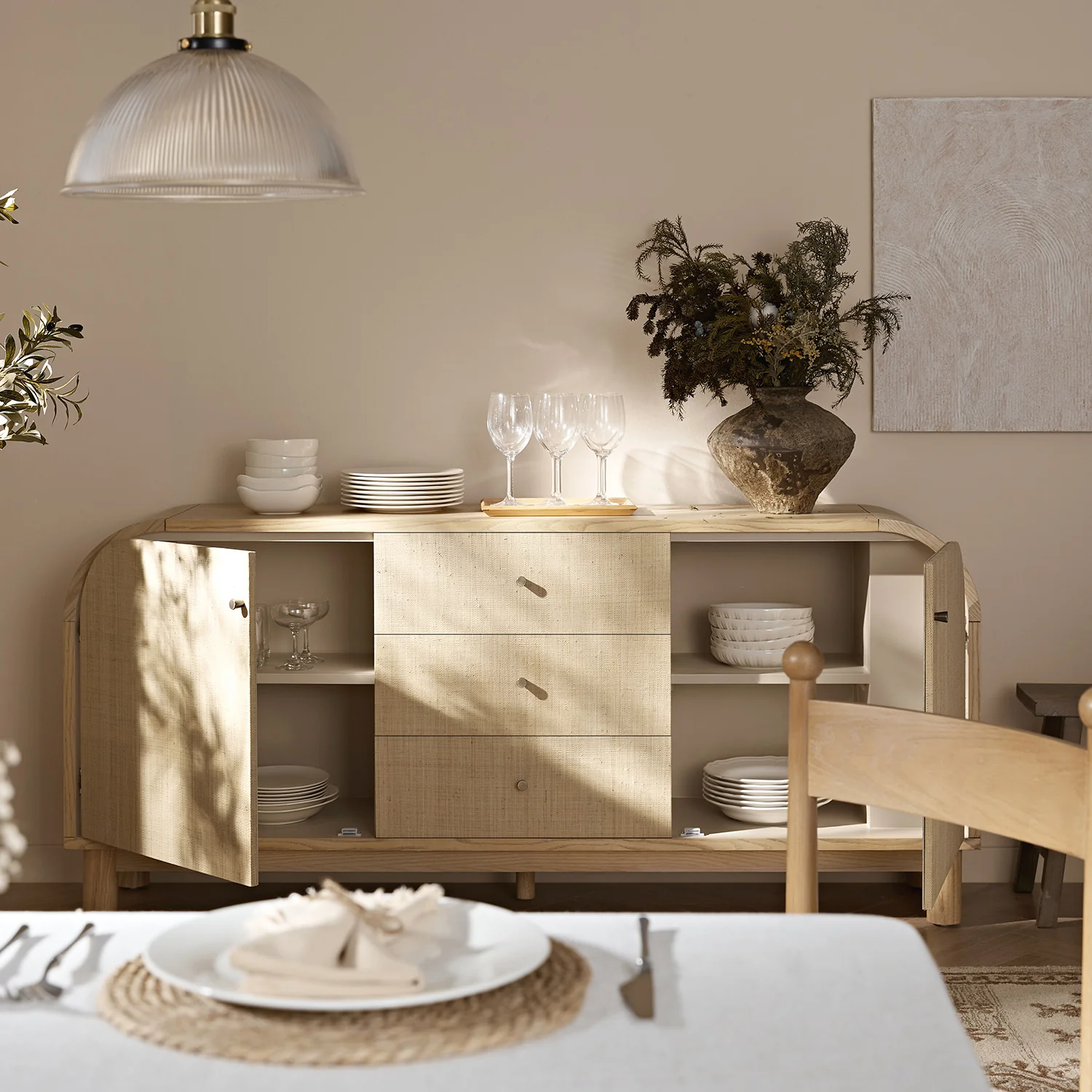 Maude Wide 3-Drawer Sideboard, Natural Ash with Raffia - Image 3