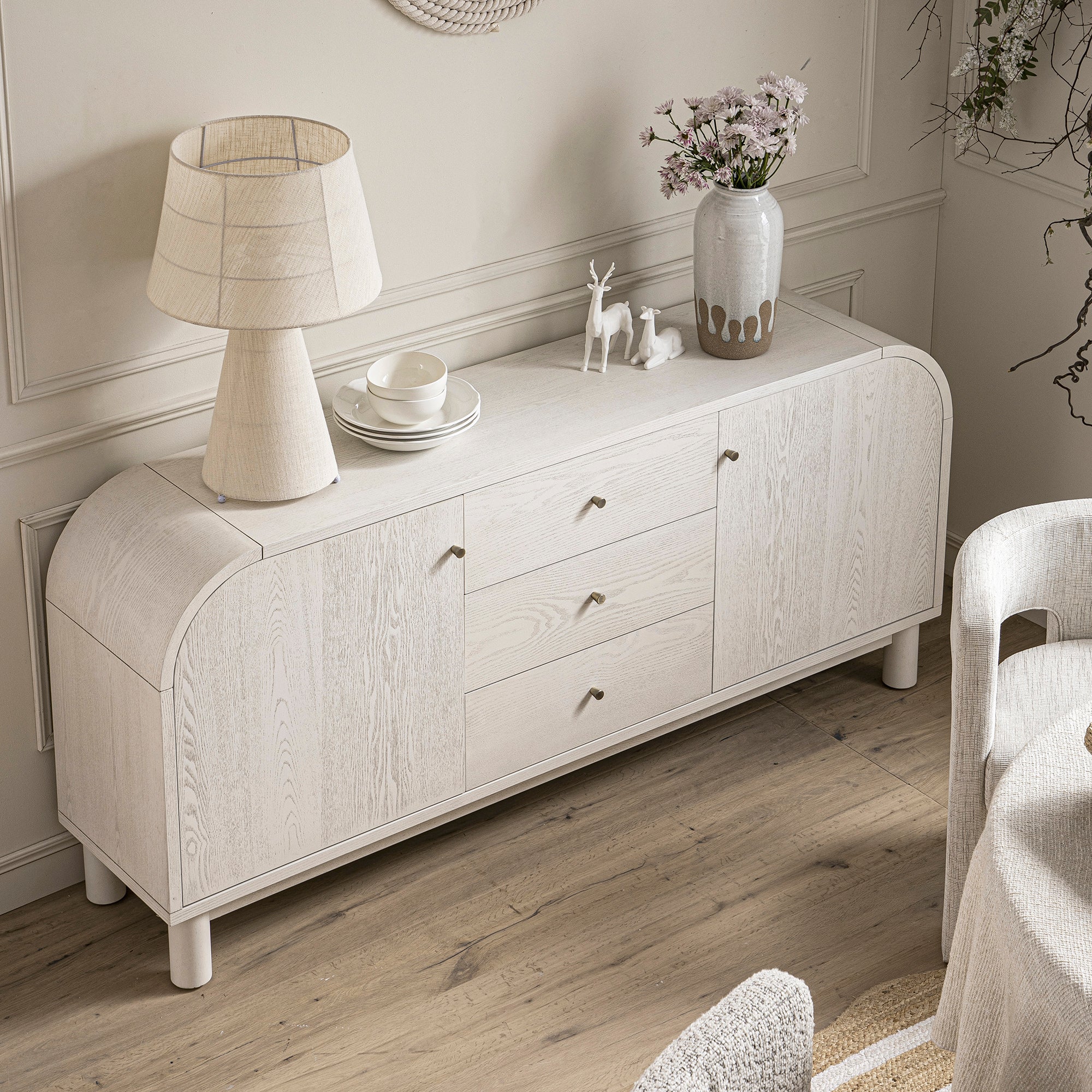 Maude Wide 3-Drawer Sideboard, Washed White Ash - Image 3