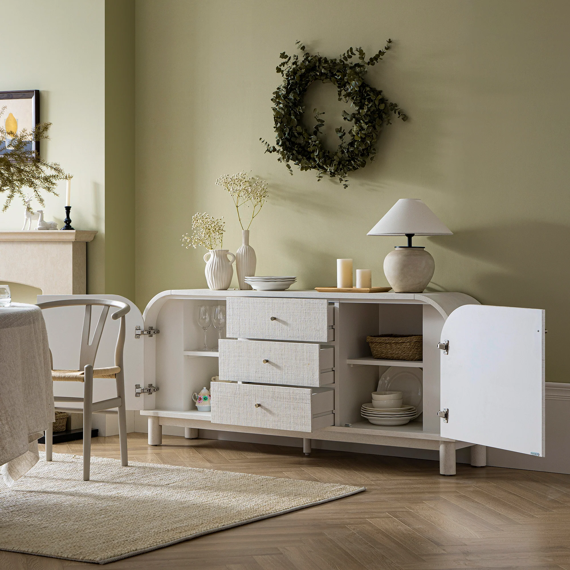Maude Wide 3-Drawer Sideboard, Washed White Ash with Raffia - Image 5