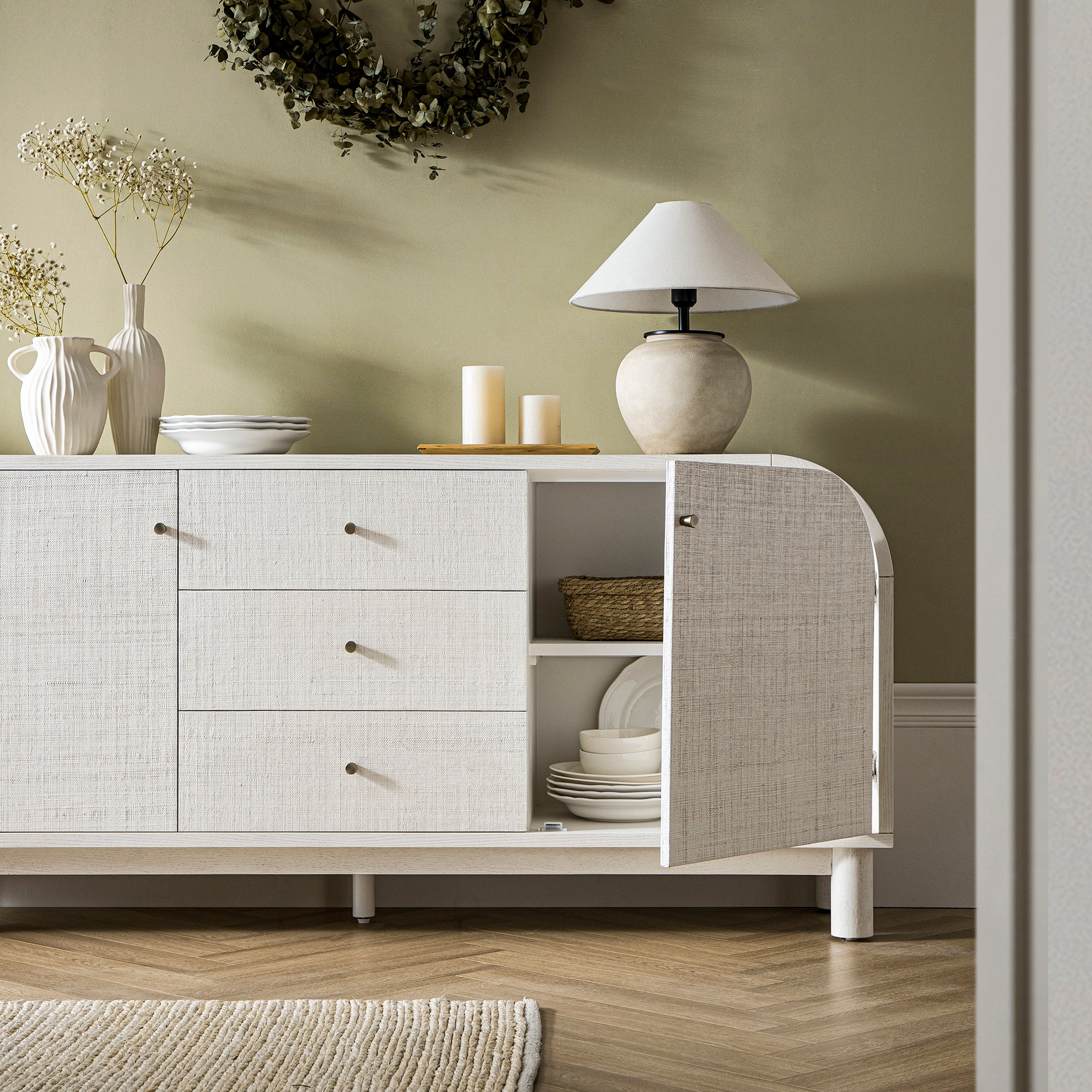 Maude Wide 3-Drawer Sideboard, Washed White Ash with Raffia - Image 6