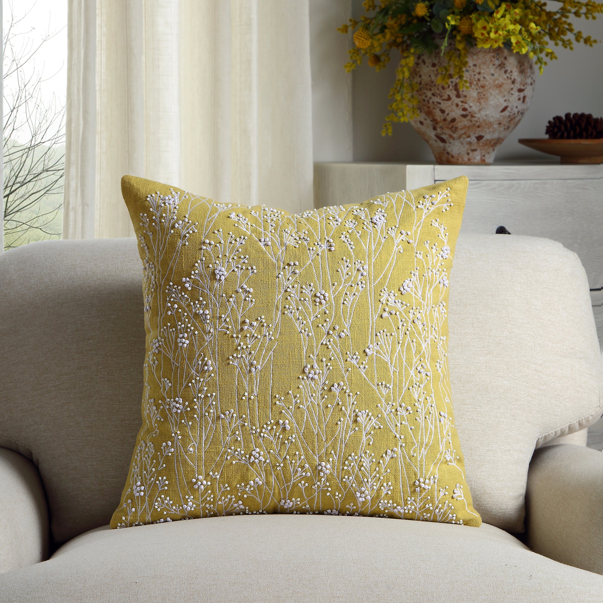 Meadow Hand Beaded and Embroidered Corn Yellow Cushion - Image 2