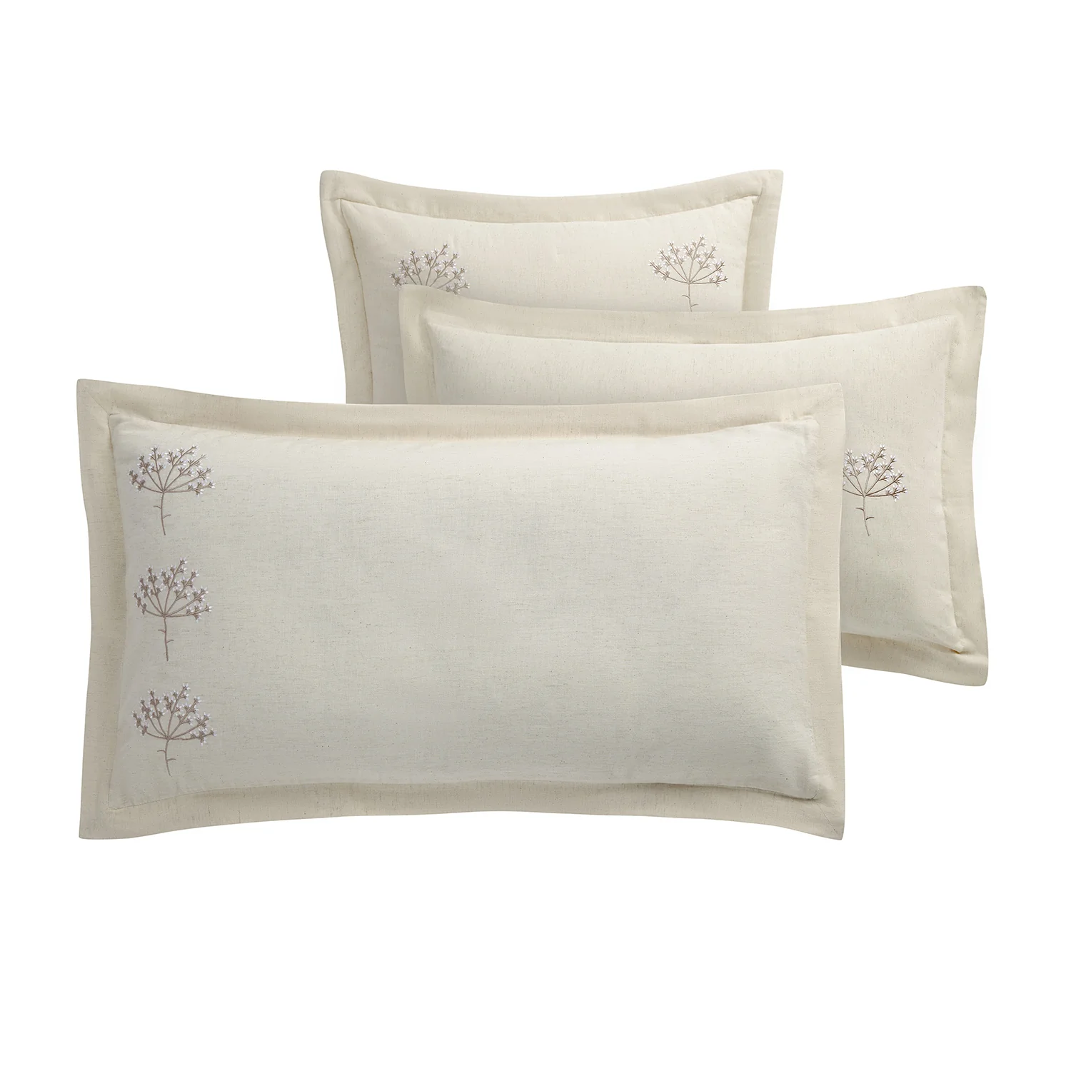 Meadow Cream Sprig Embroidered Quilted Linen Blend Continental Square Pillowcases - Pair - Image 2