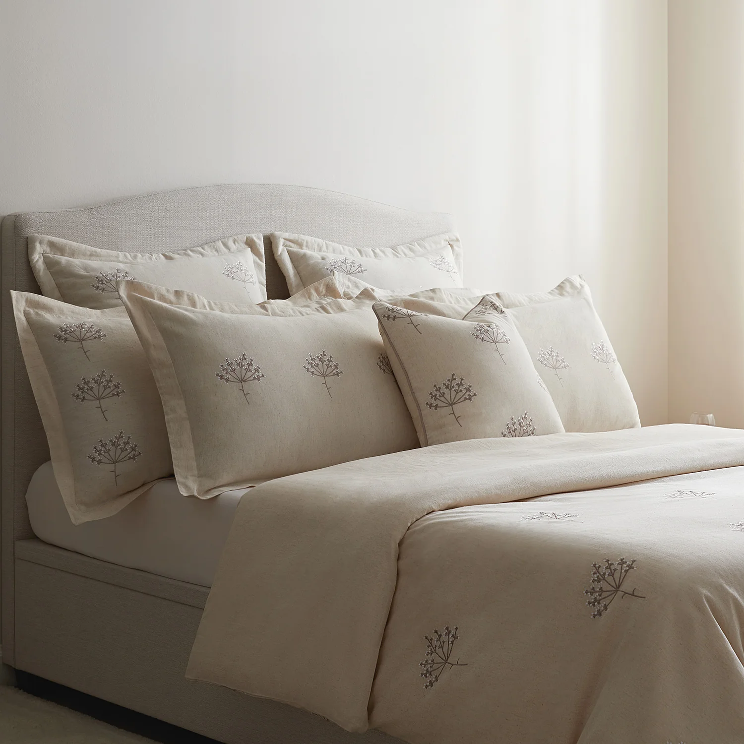 Meadow Cream Sprig Embroidered Linen Blend Regular Oxford Pillowcases - Pair - Image 2