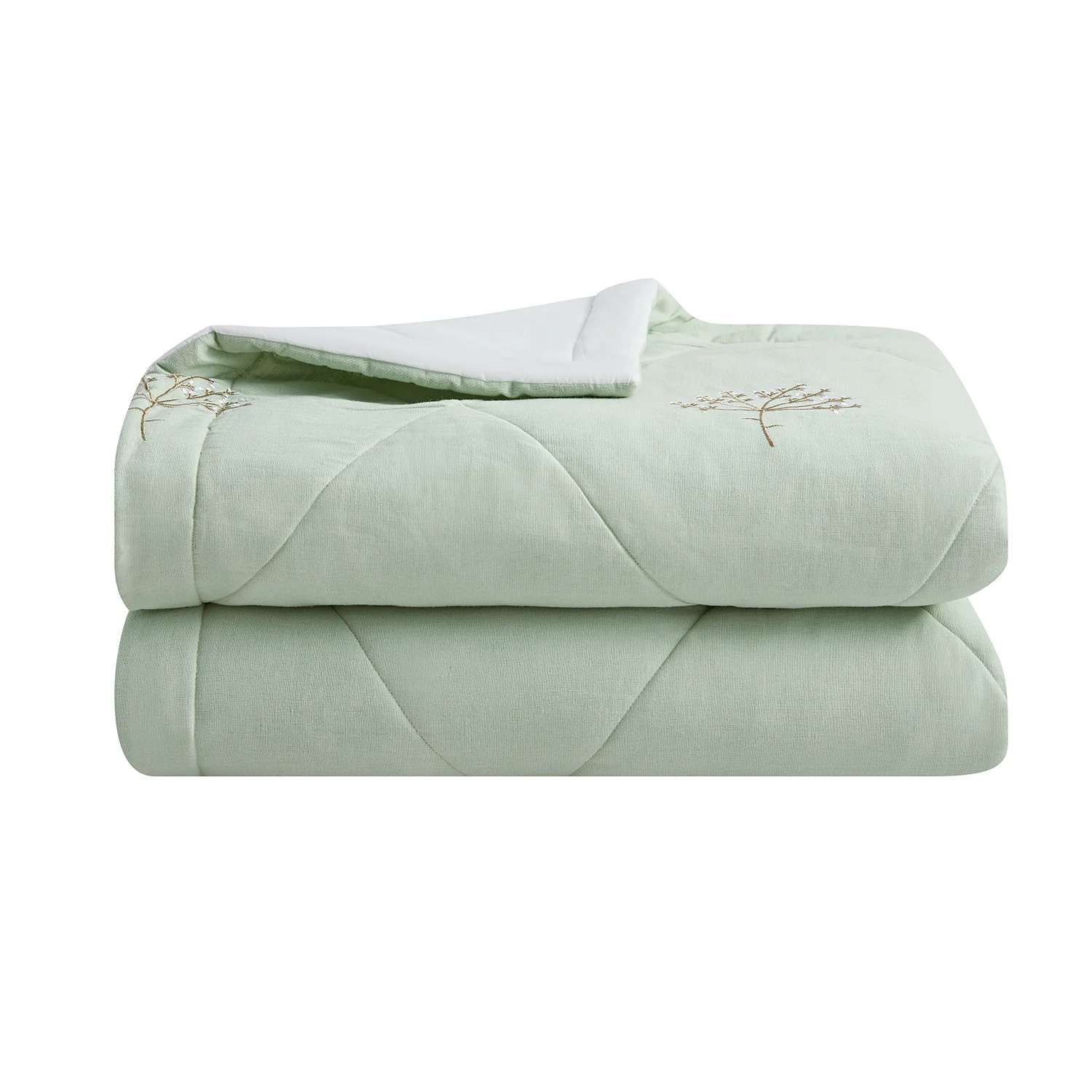 Meadow Seafoam Green Sprig Embroidered Quilted Linen Blend Bedspread - Image 2