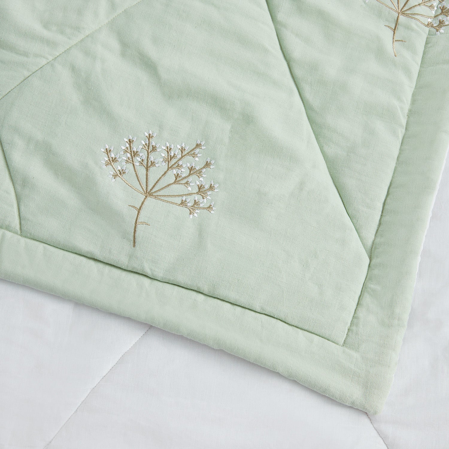 Meadow Seafoam Green Sprig Embroidered Quilted Linen Blend Bedspread - Image 4
