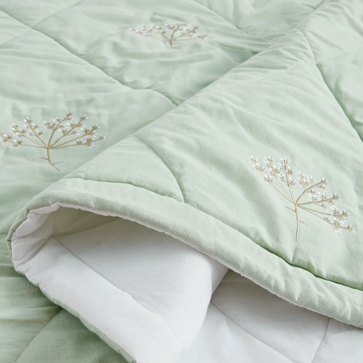 Meadow Seafoam Green Sprig Embroidered Quilted Linen Blend Bedspread - Image 6
