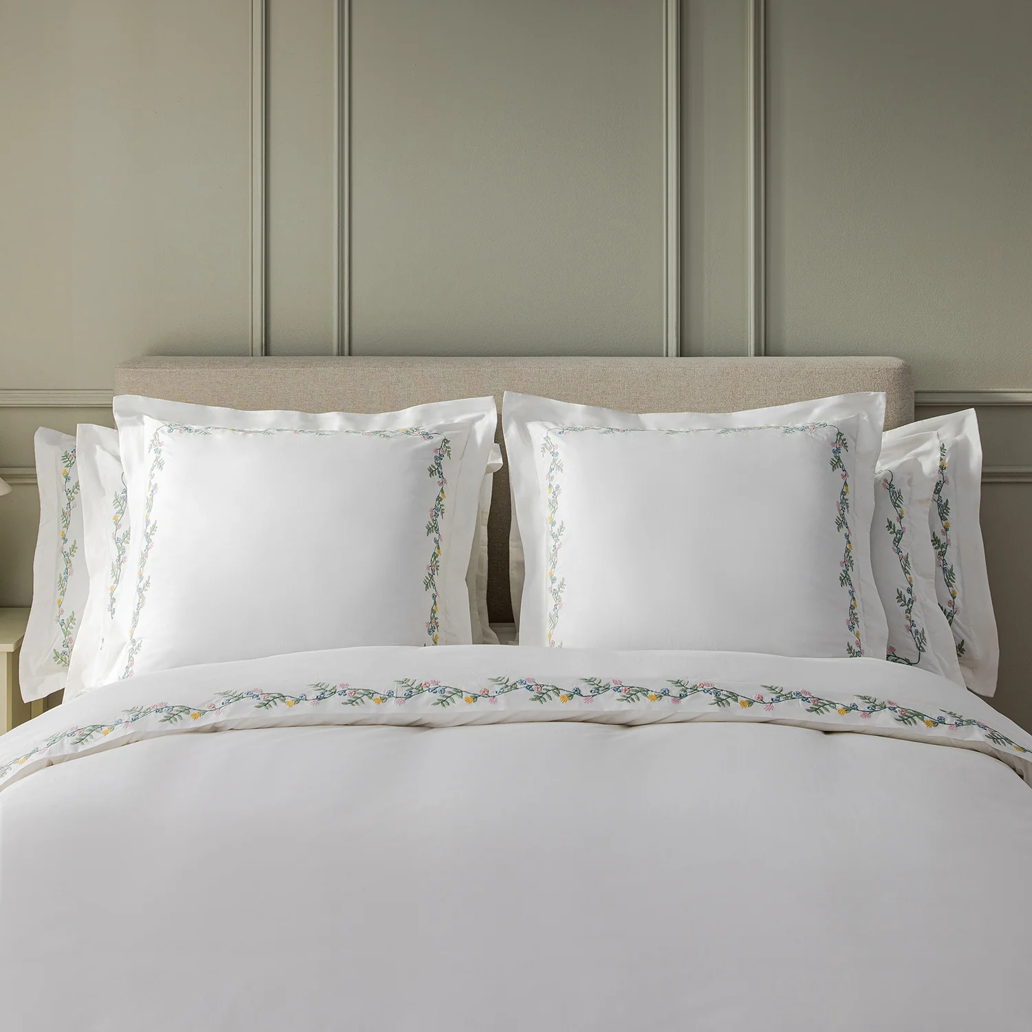 Meadow White Floral Embroidered 300 Thread Count Cotton Percale Continental Square Pillowcases - Pair - Image 2
