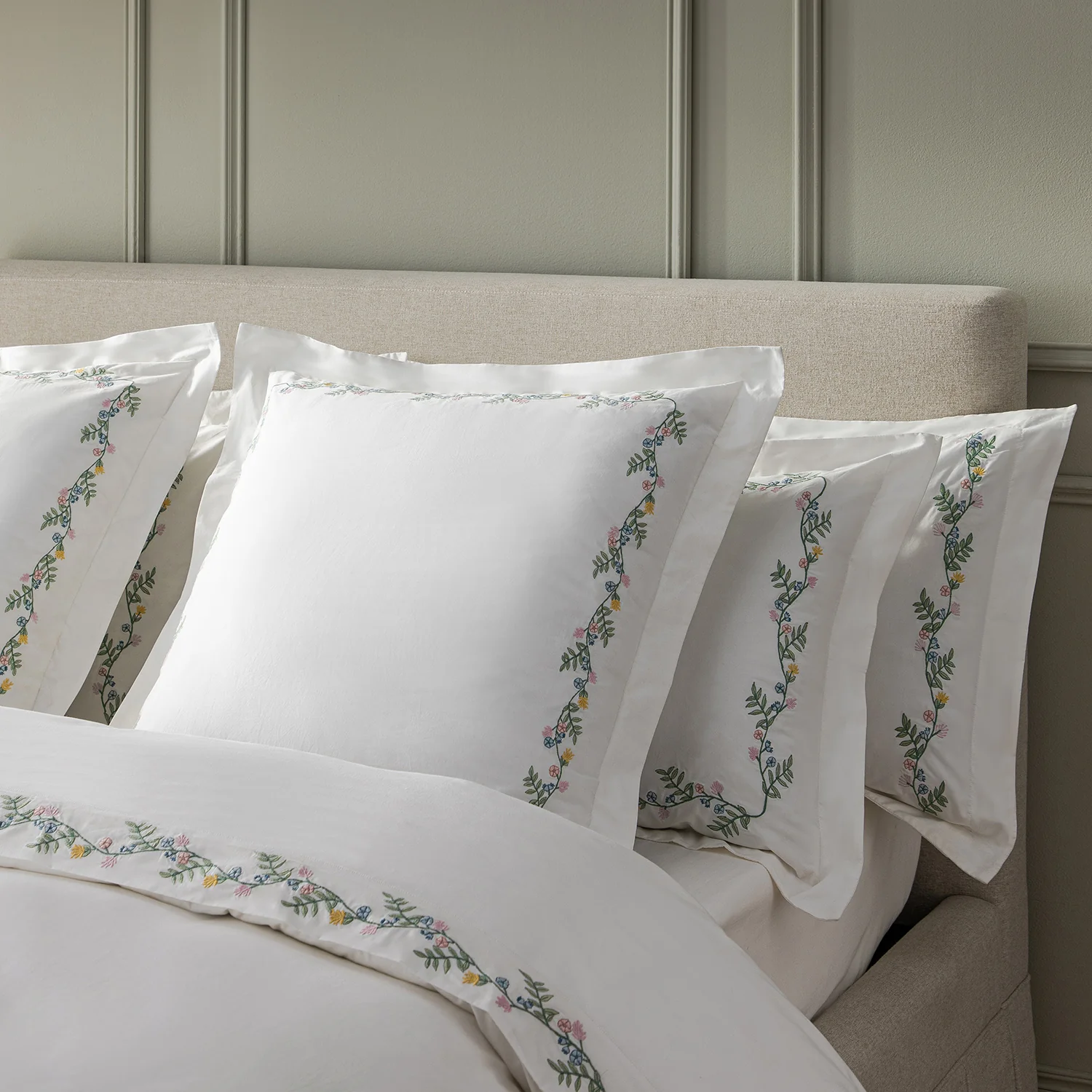 Meadow White Floral Embroidered 300 Thread Count Cotton Percale Continental Square Pillowcases - Pair - Image 3