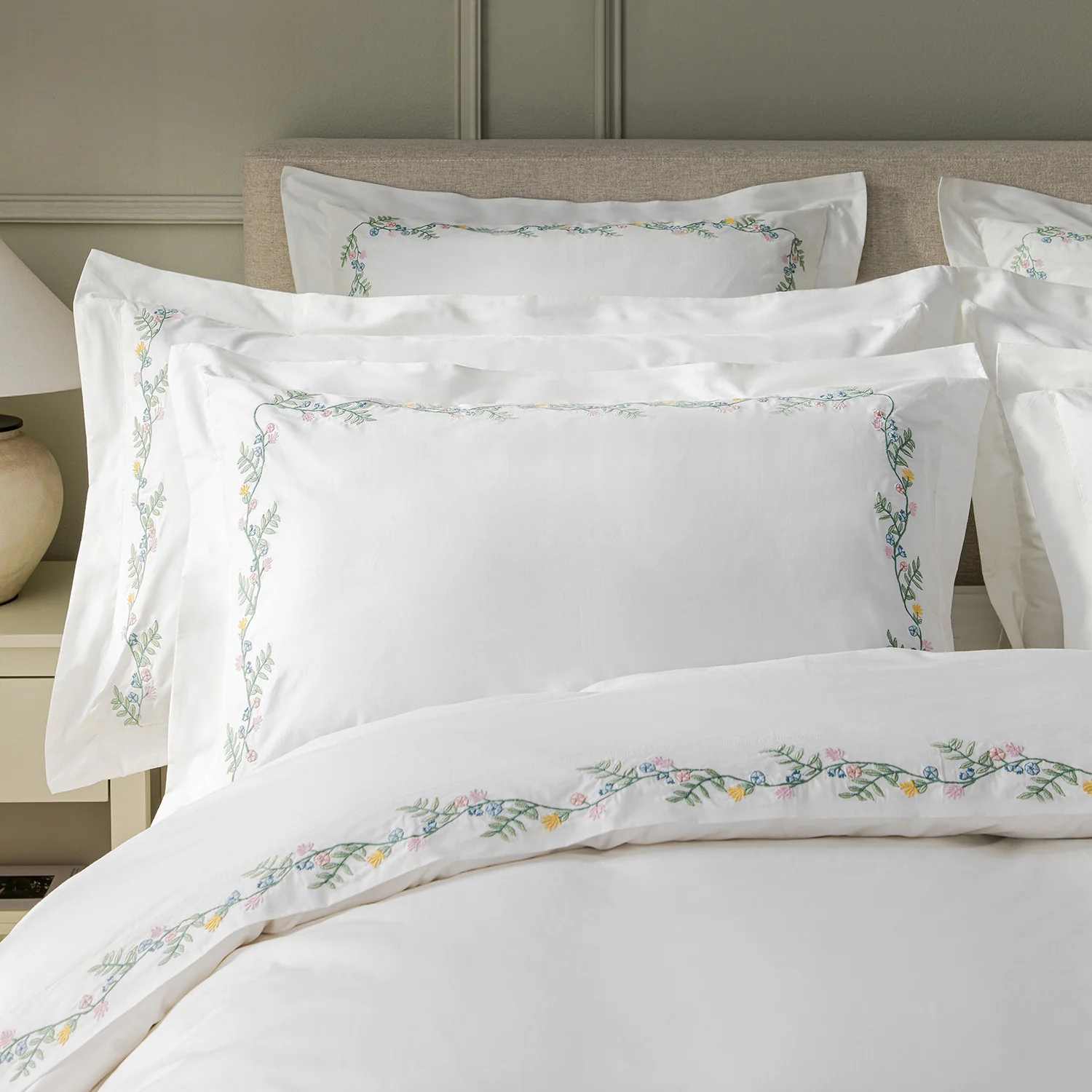 Meadow White Floral Embroidered 300 Thread Count Cotton Percale Regular Oxford Pillowcases - Pair - Image 3