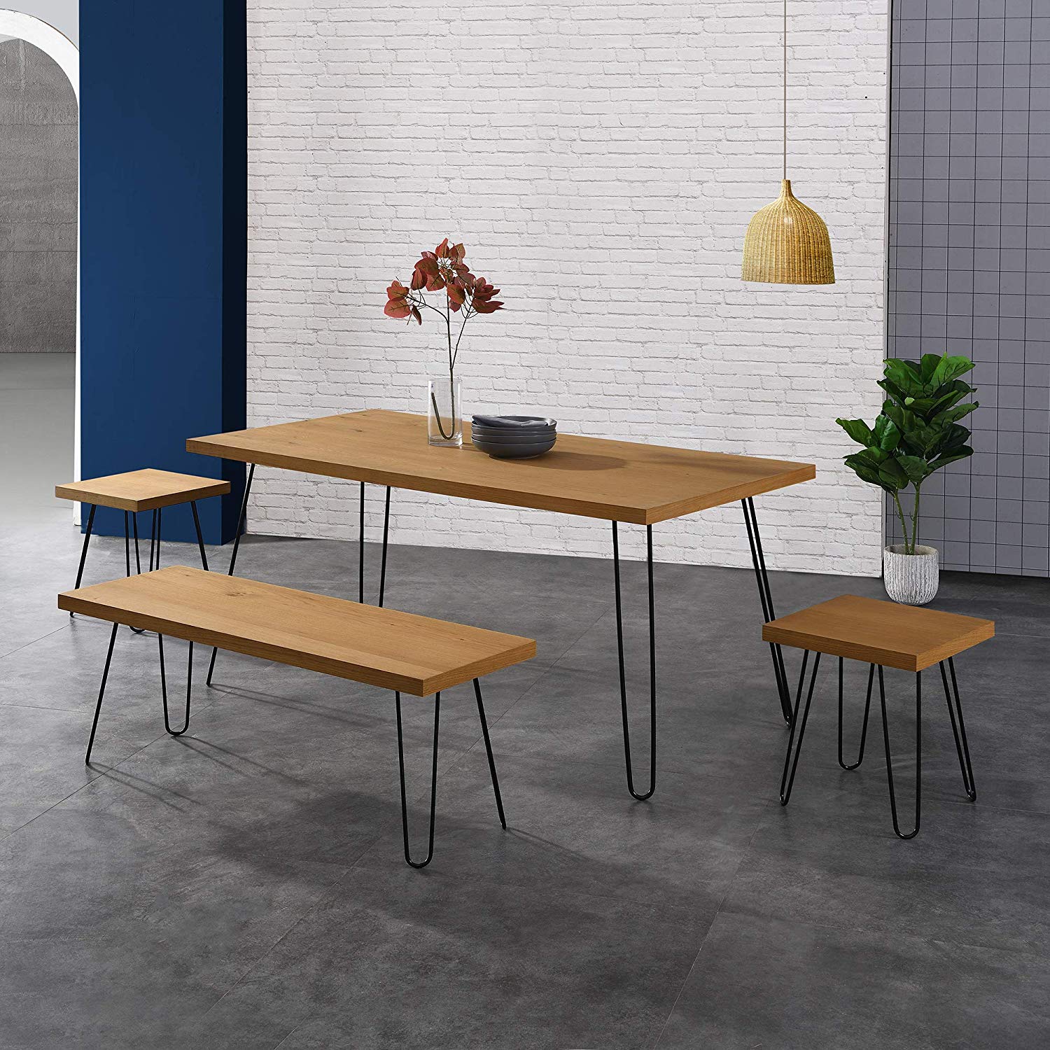 MEILEN Oak Dining Table Set with 2 Stools and 1 Dining Bench - Image 2