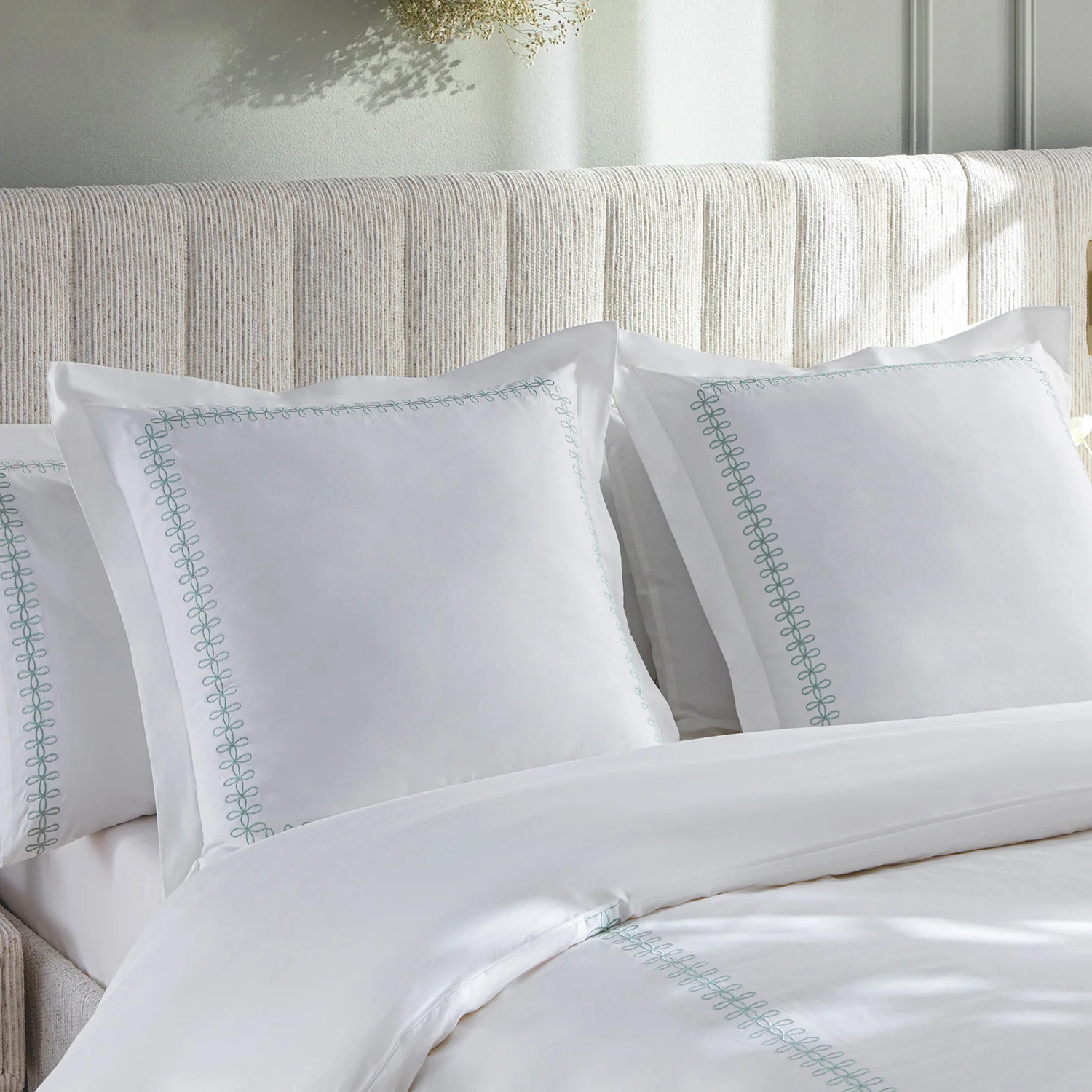 Milano Sea Spray Green Knot Embroidered 600 Thread Count Cotton Sateen Continental Square Pillowcases - Pair - Image 2