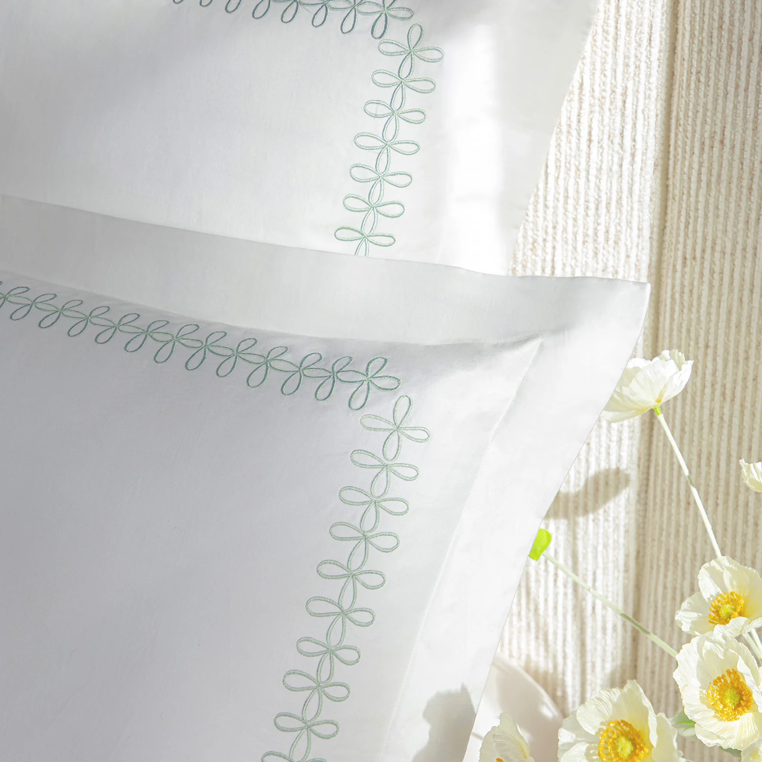 Milano Sea Spray Green Knot Embroidered 600 Thread Count Cotton Sateen Continental Square Pillowcases - Pair - Image 3