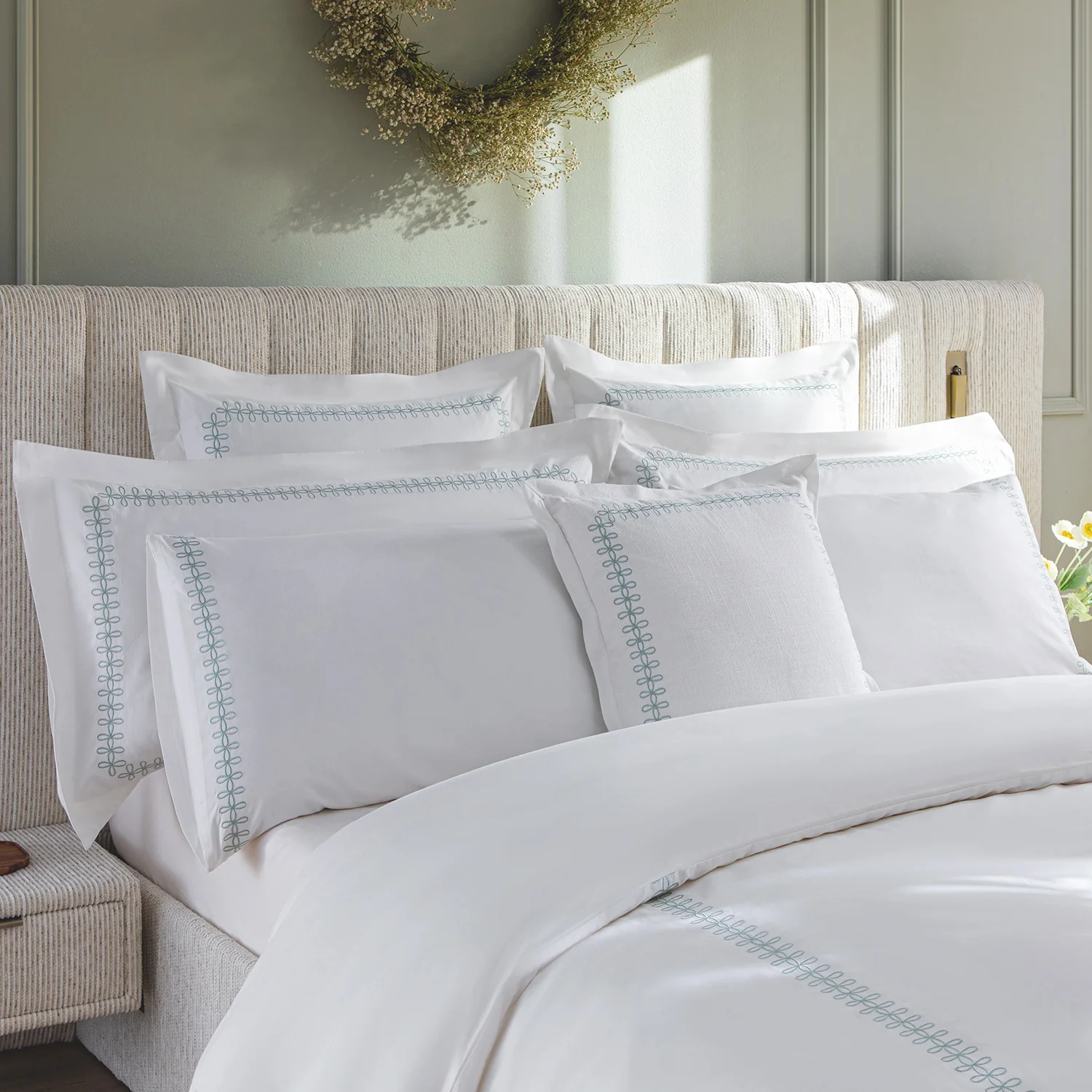 Milano Sea Spray Green Knot Embroidered 600 Thread Count Cotton Sateen Duvet Set - Image 3