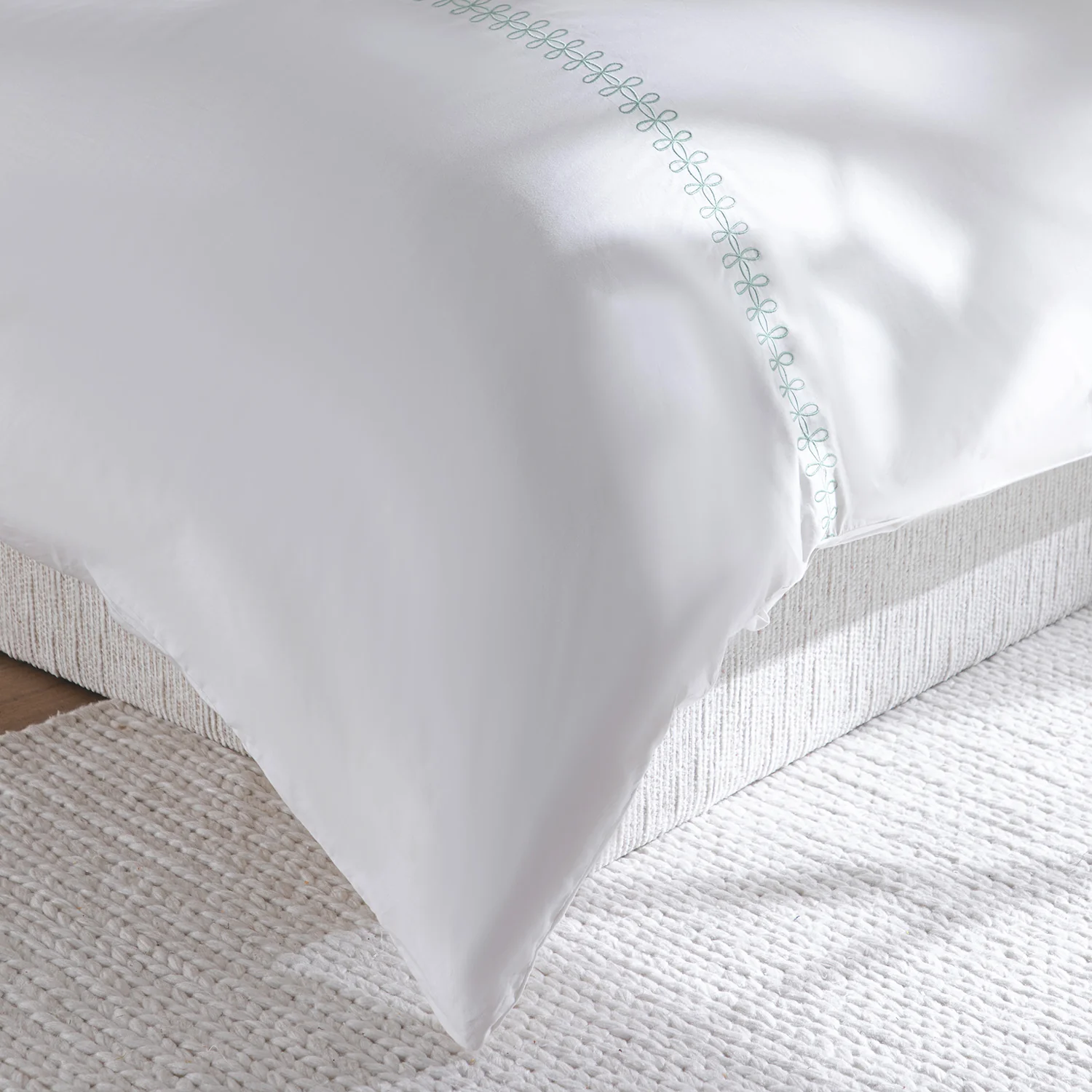 Milano Sea Spray Green Knot Embroidered 600 Thread Count Cotton Sateen Duvet Set - Image 7