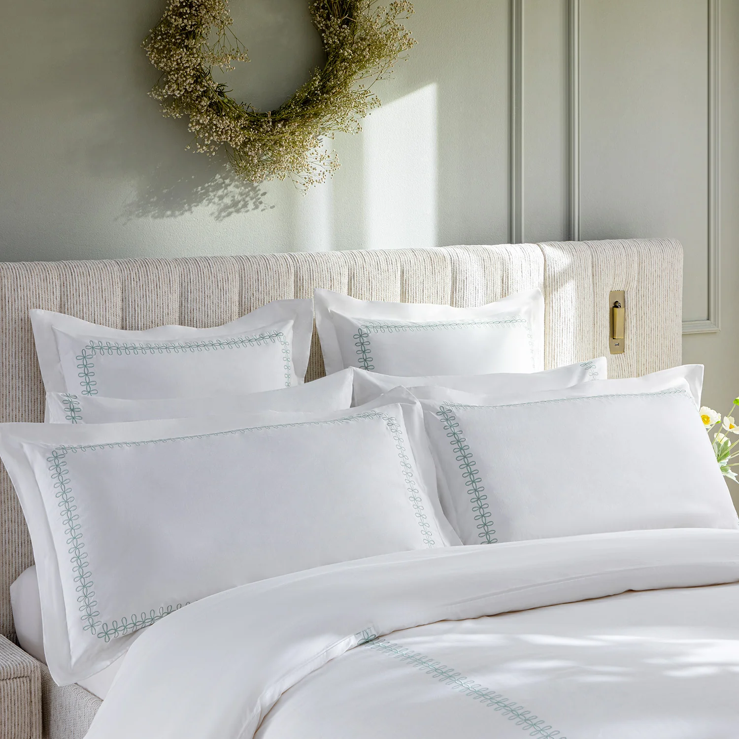 Milano Sea Spray Green Knot Embroidered 600 Thread Count Cotton Sateen King Size Oxford Pillowcases - Pair - Image 2