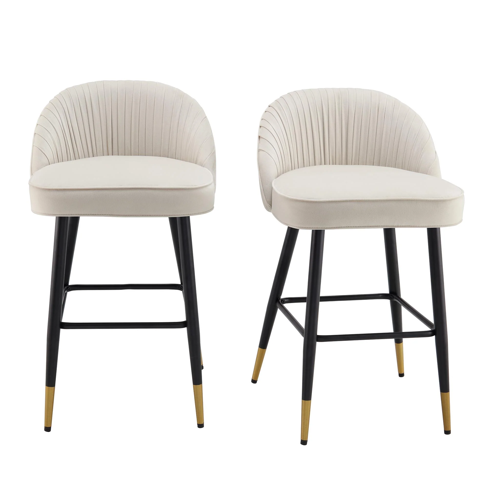 Miyae Set of 2 Pleated Champagne Beige Velvet Upholstered Counter Stools - Image 2