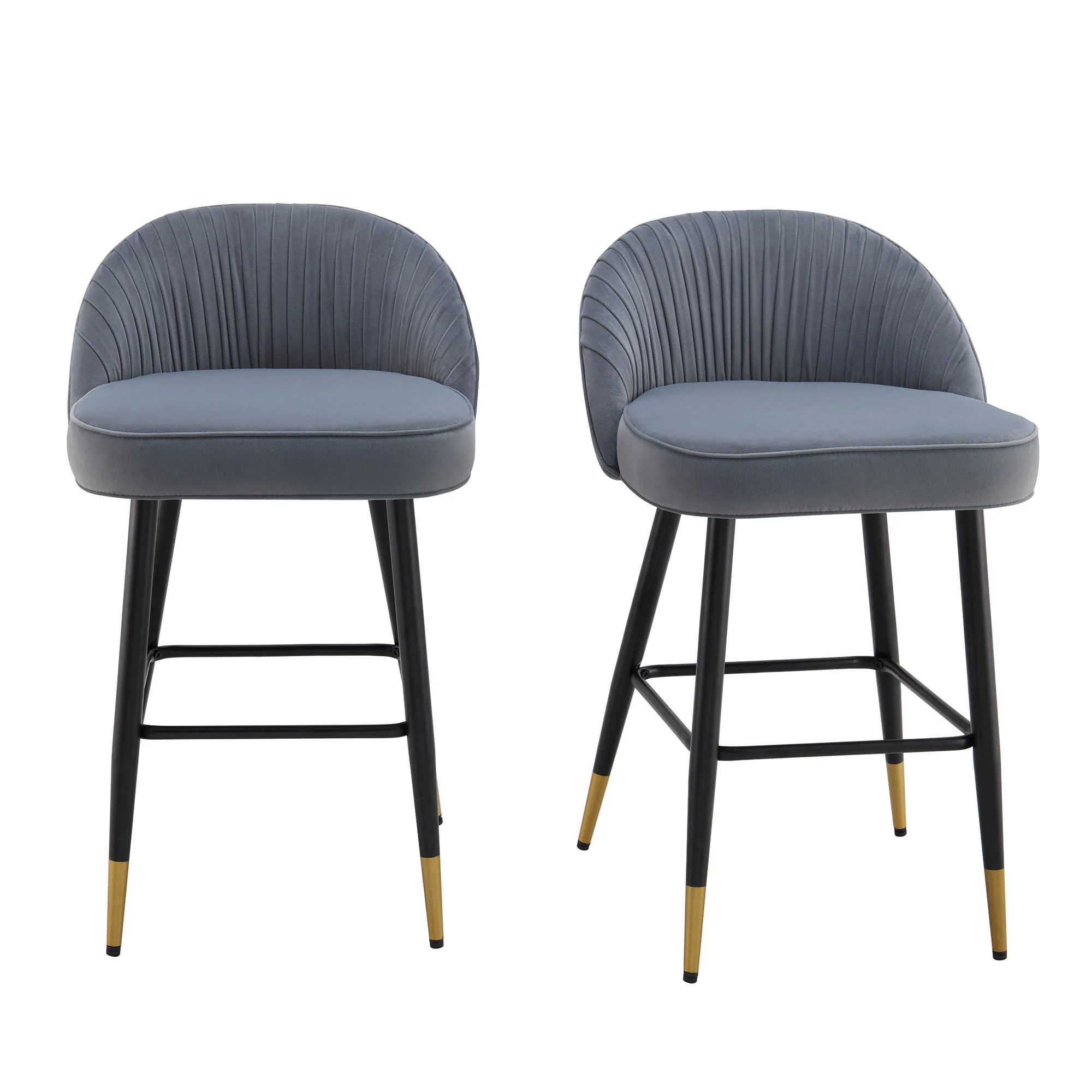 Miyae Set of 2 Pleated Light Grey Velvet Upholstered Counter Stools - Image 2