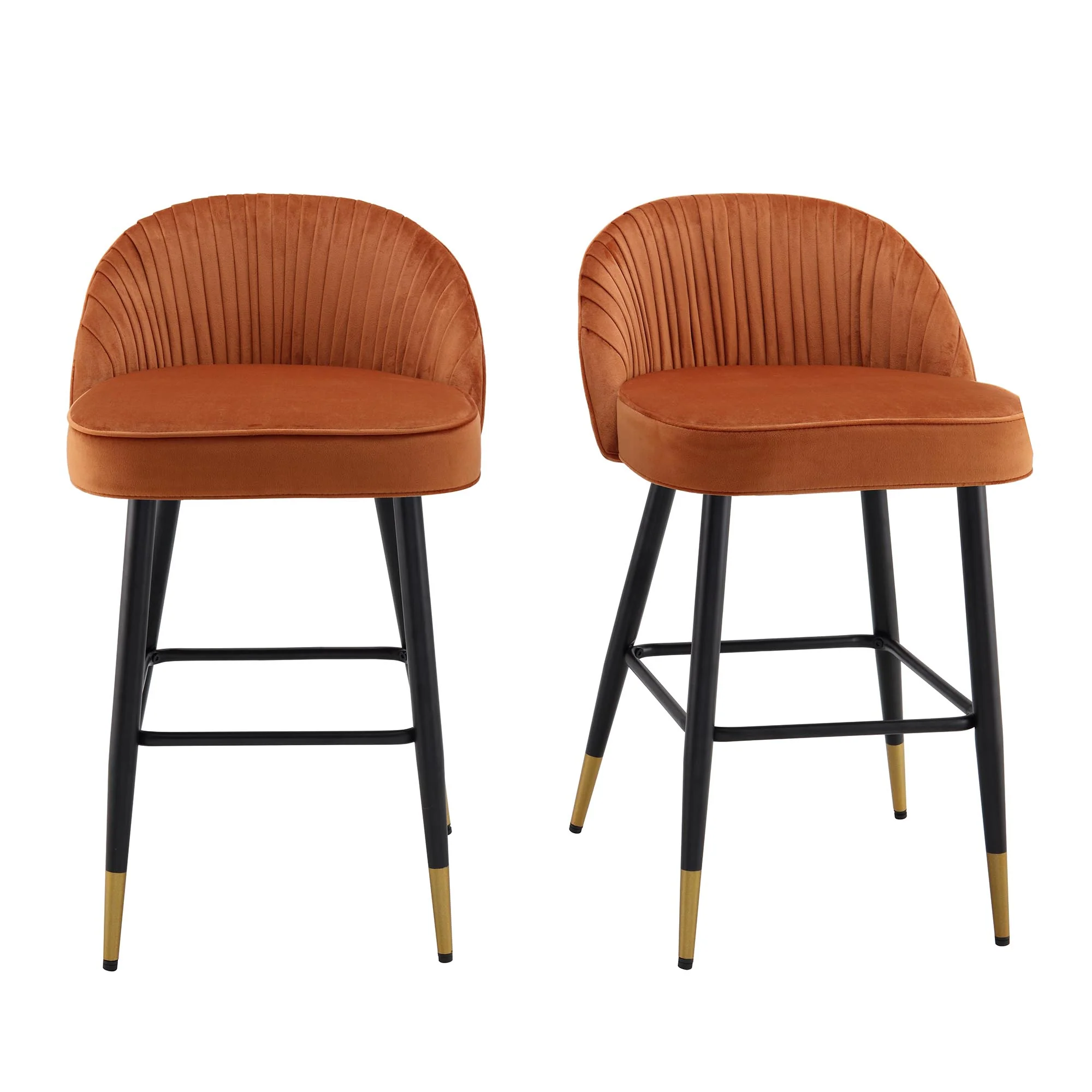Miyae Set of 2 Pleated Burnt Orange Velvet Upholstered Counter Stools - Image 2
