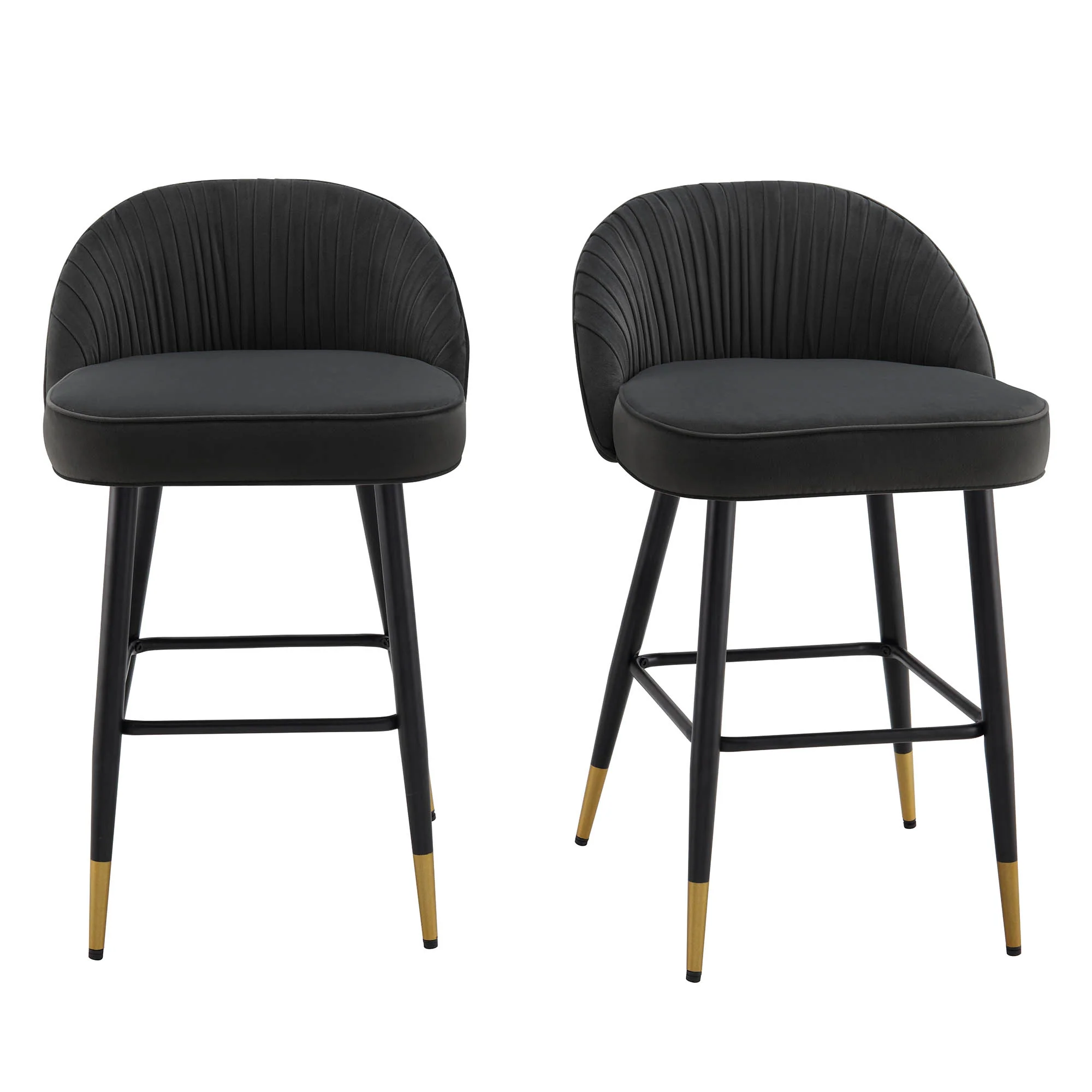 Miyae Set of 2 Pleated Charcoal Velvet Upholstered Counter Stools - Image 2
