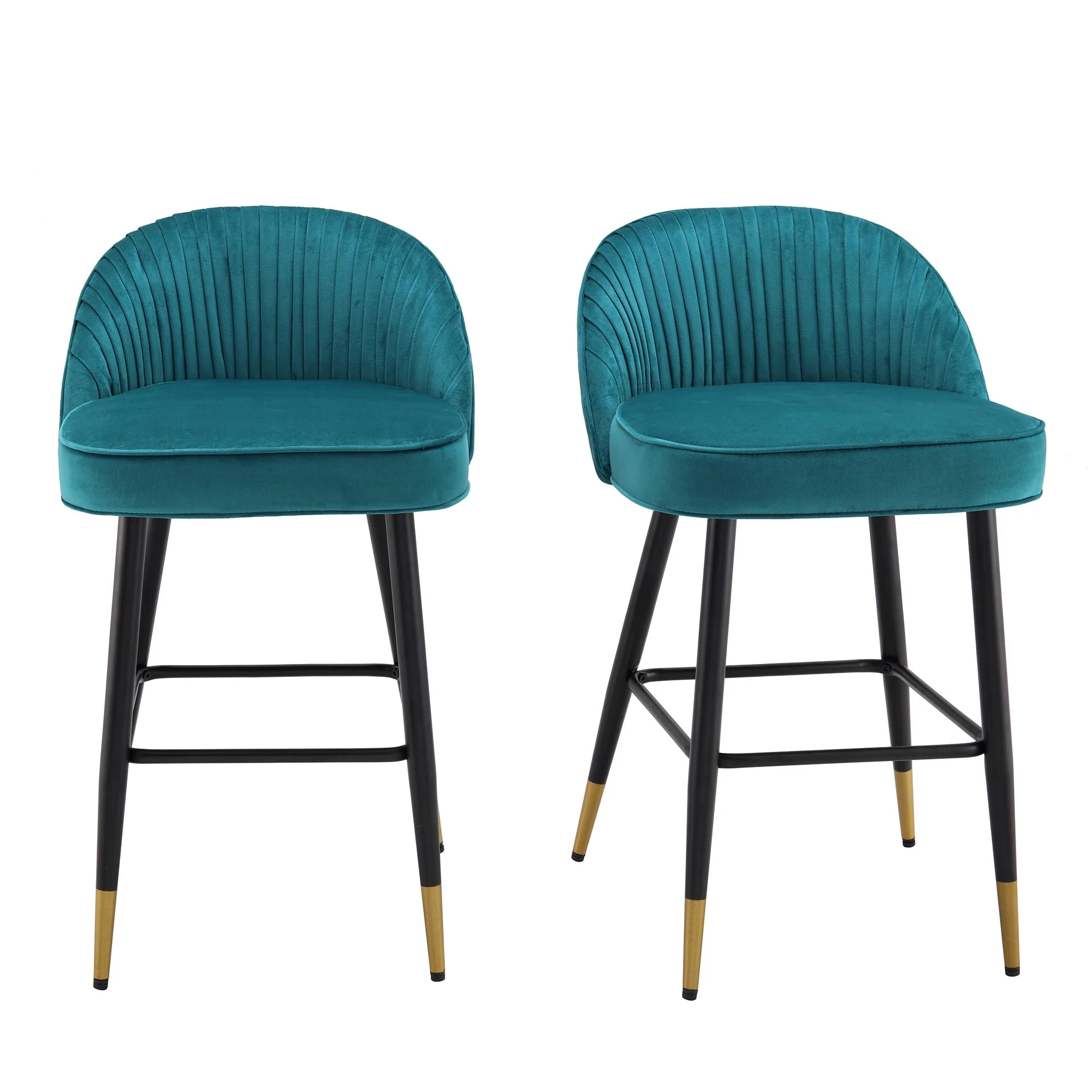 Miyae Set of 2 Pleated Teal Velvet Upholstered Counter Stools - Image 2