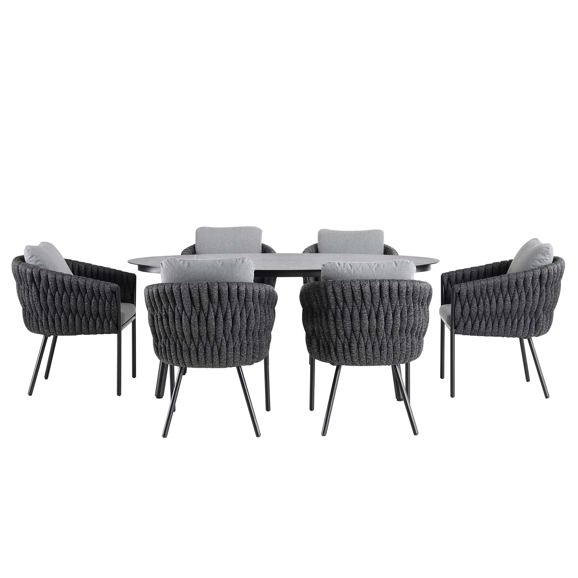 Montebello 6-Seater Outdoor Black Rope and Aluminium Oval Dining Set with Grey Ceramic Dining Table - Image 6
