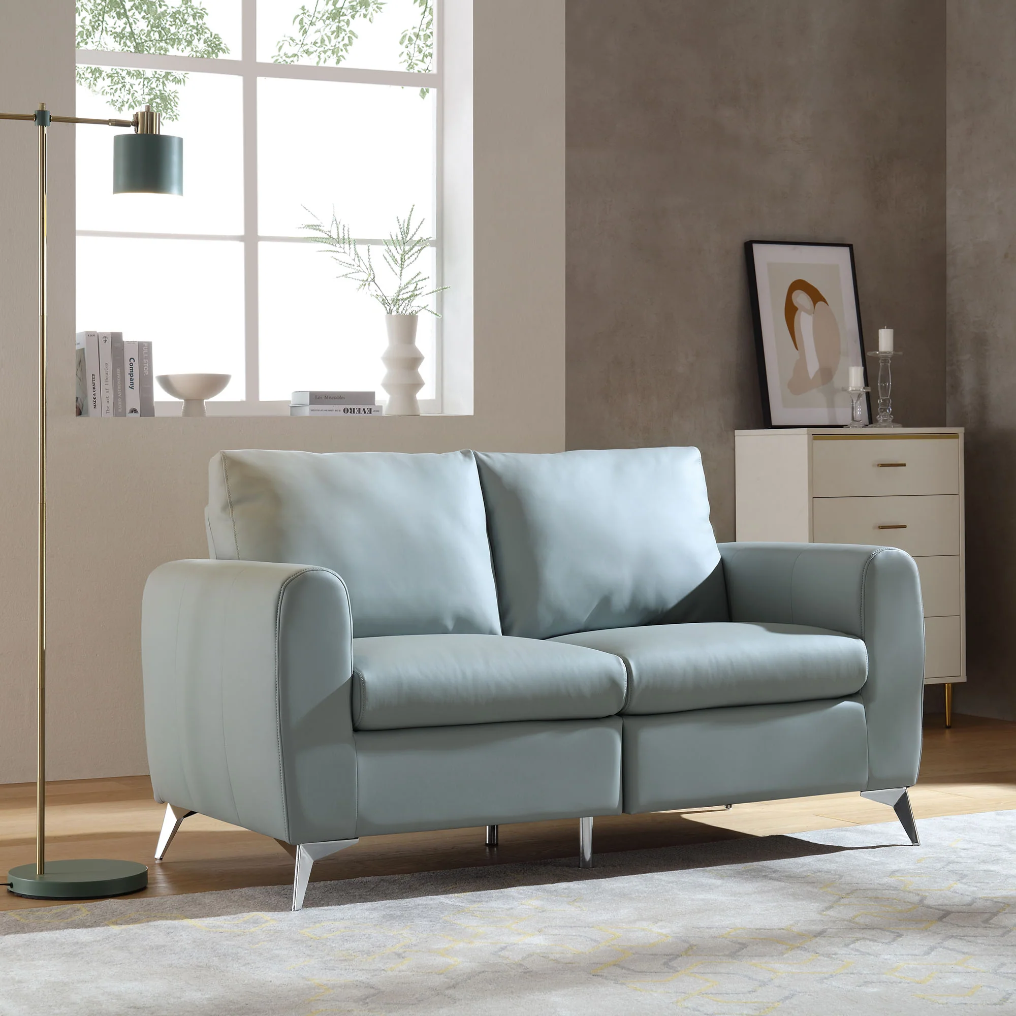 Noak 2-Seater Grey Faux Leather Sofa with Chrome Legs - Image 2
