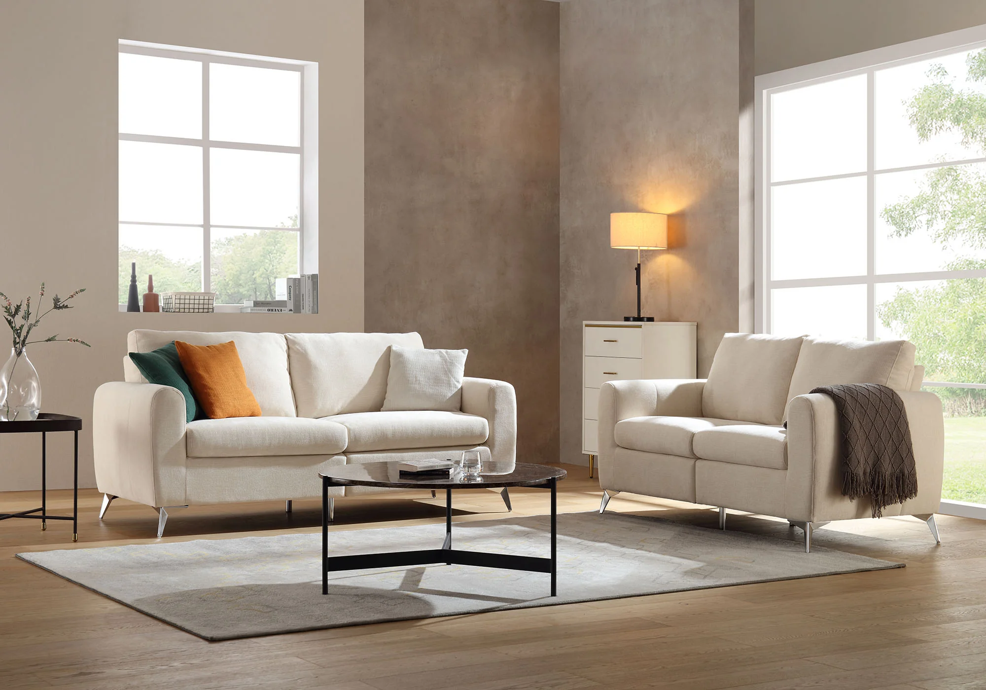 Noak 2-Seater Beige Woven Fabric Sofa with Chrome Legs - Image 3