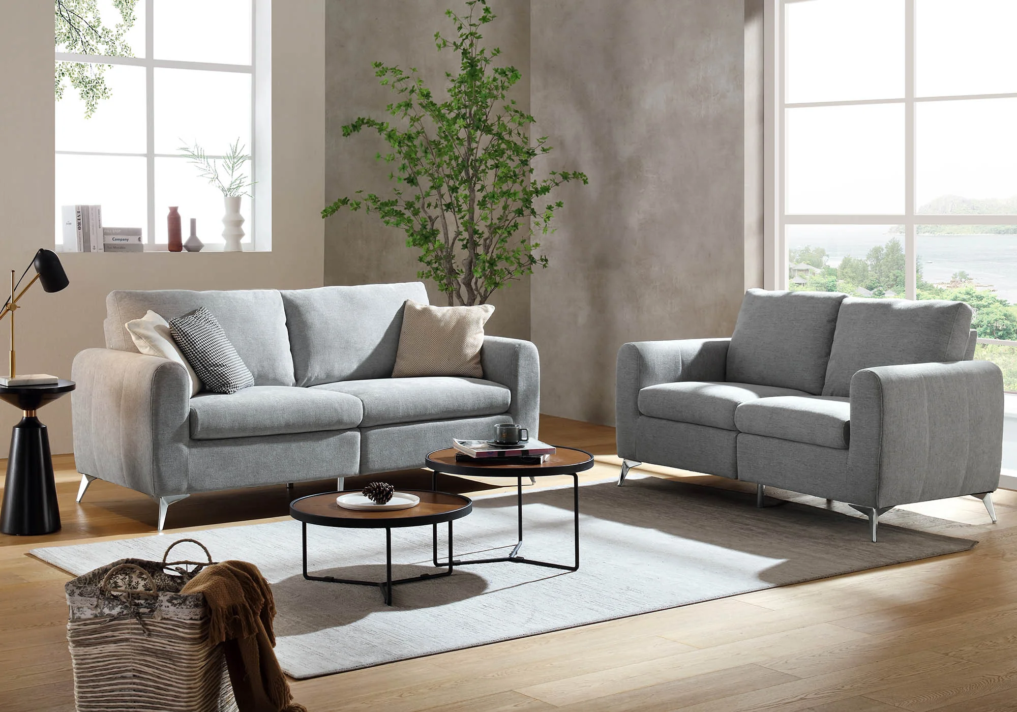 Noak 2-Seater Grey Woven Fabric Sofa with Chrome Legs - Image 3