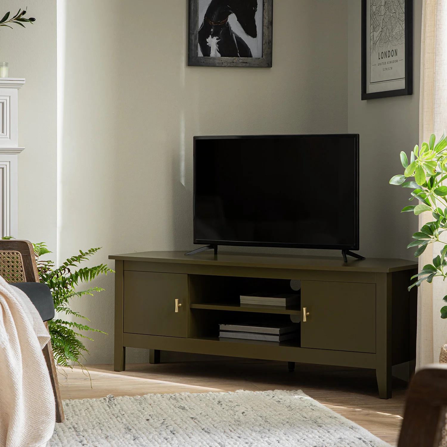 Oakham 120cm Corner TV Unit, Olive Grove - Image 2