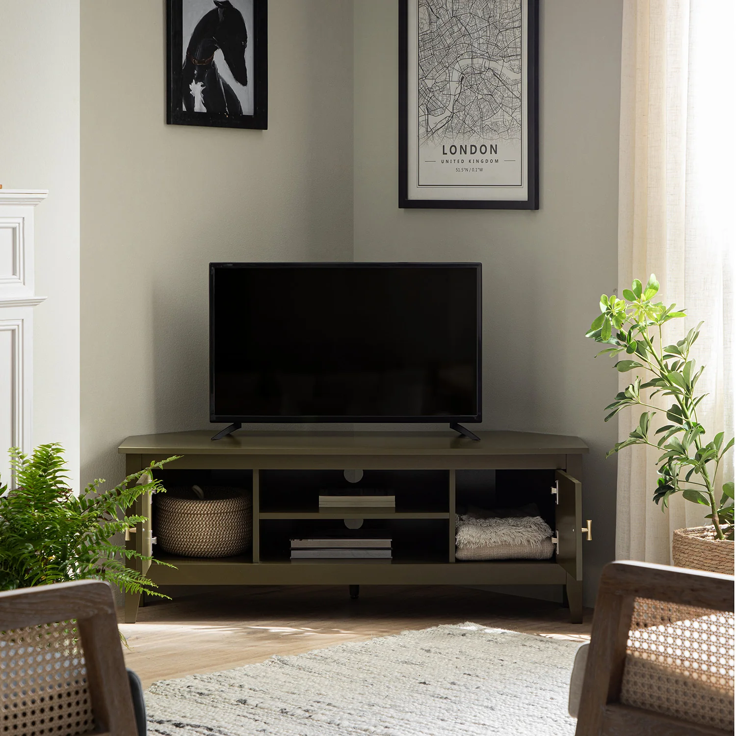 Oakham 120cm Corner TV Unit, Olive Grove - Image 3