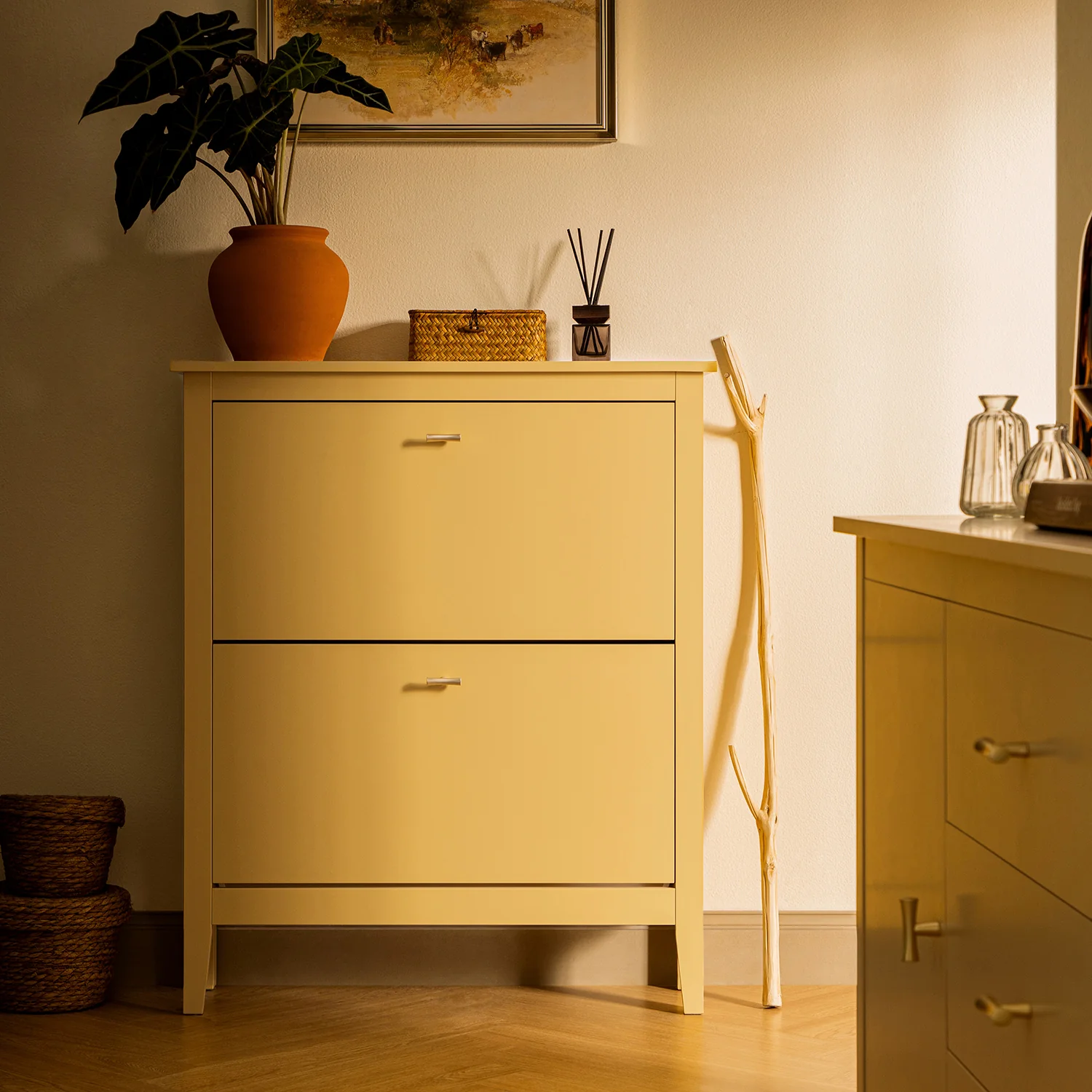 Oakham 2-Tier Shoe Cabinet, Rattan Yellow - Image 2