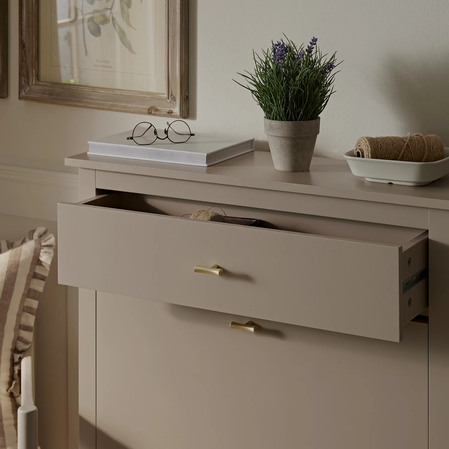 Oakham 2-Tier Shoe Cabinet with Top Drawer, Deep Greige - Image 6