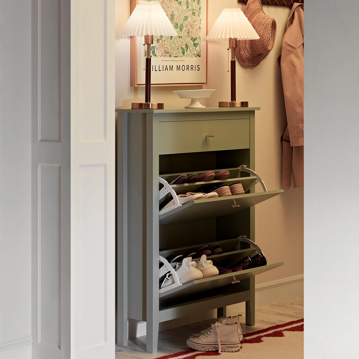 Oakham 2-Tier Shoe Cabinet with Top Drawer, Desert Sage - Image 2