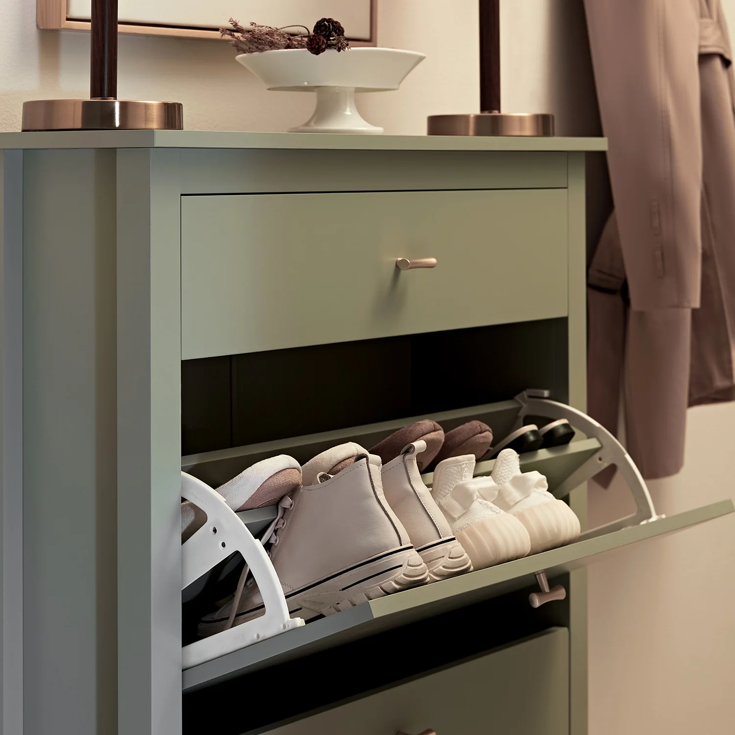 Oakham 2-Tier Shoe Cabinet with Top Drawer, Desert Sage - Image 4