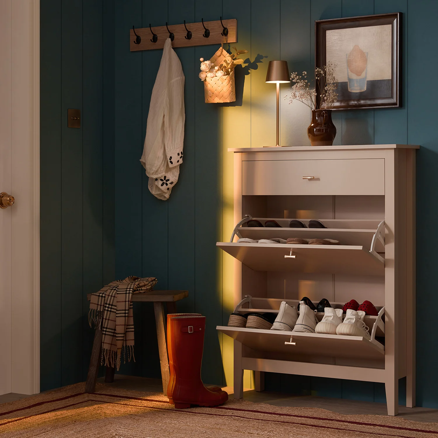Oakham 2-Tier Shoe Cabinet with Top Drawer, Nude Pink - Image 3
