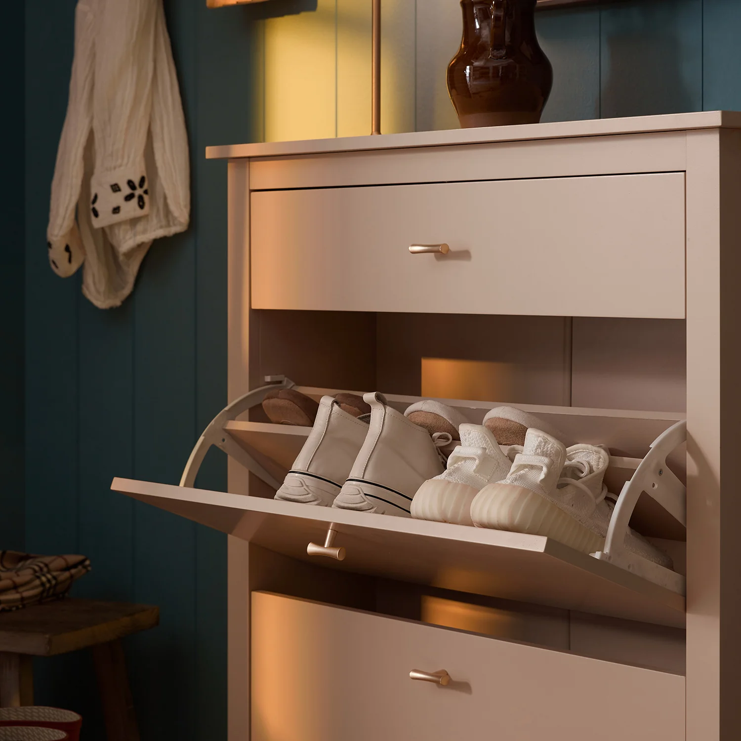 Oakham 2-Tier Shoe Cabinet with Top Drawer, Nude Pink - Image 4