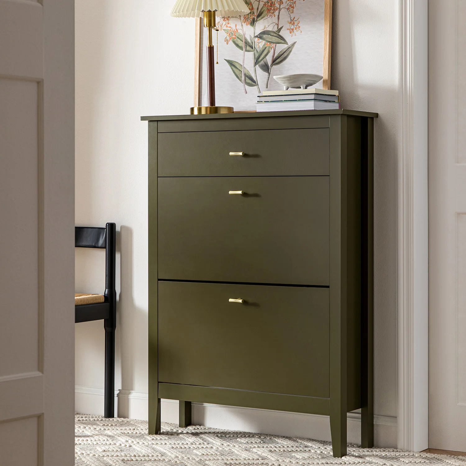 Oakham 2-Tier Shoe Cabinet with Top Drawer, Olive Grove - Image 2